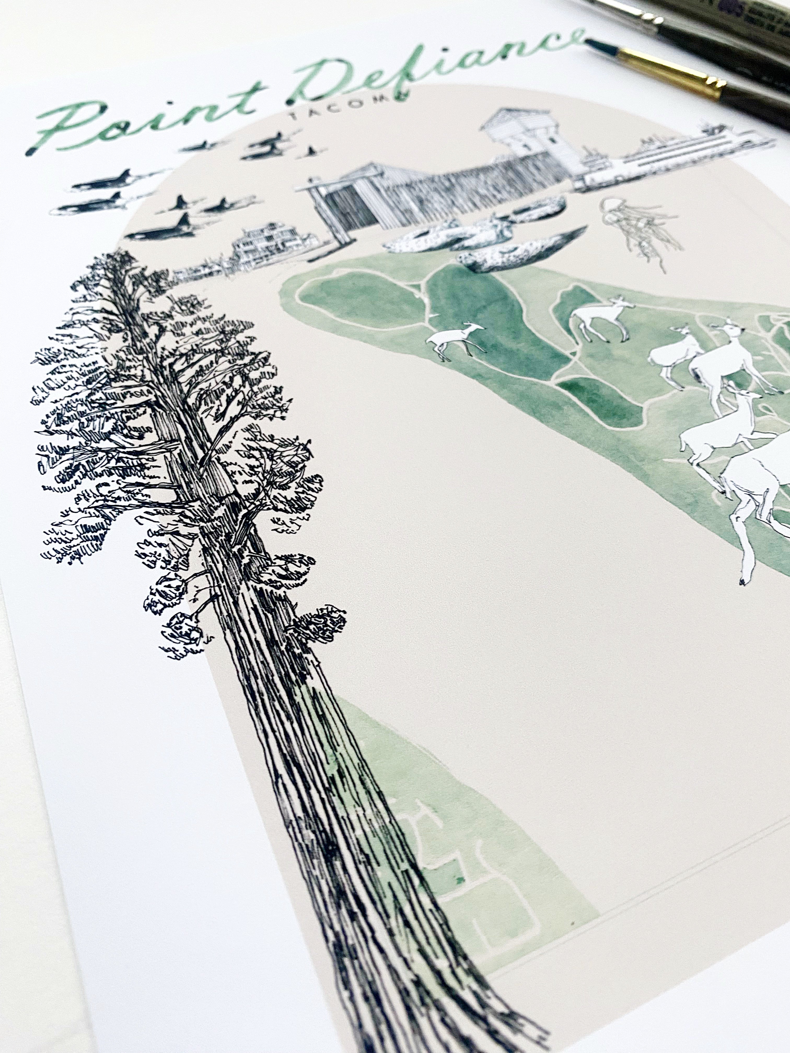 new POINT DEFIANCE TACOMA Neighborhood "Charms" Watercolor Map: PRINT