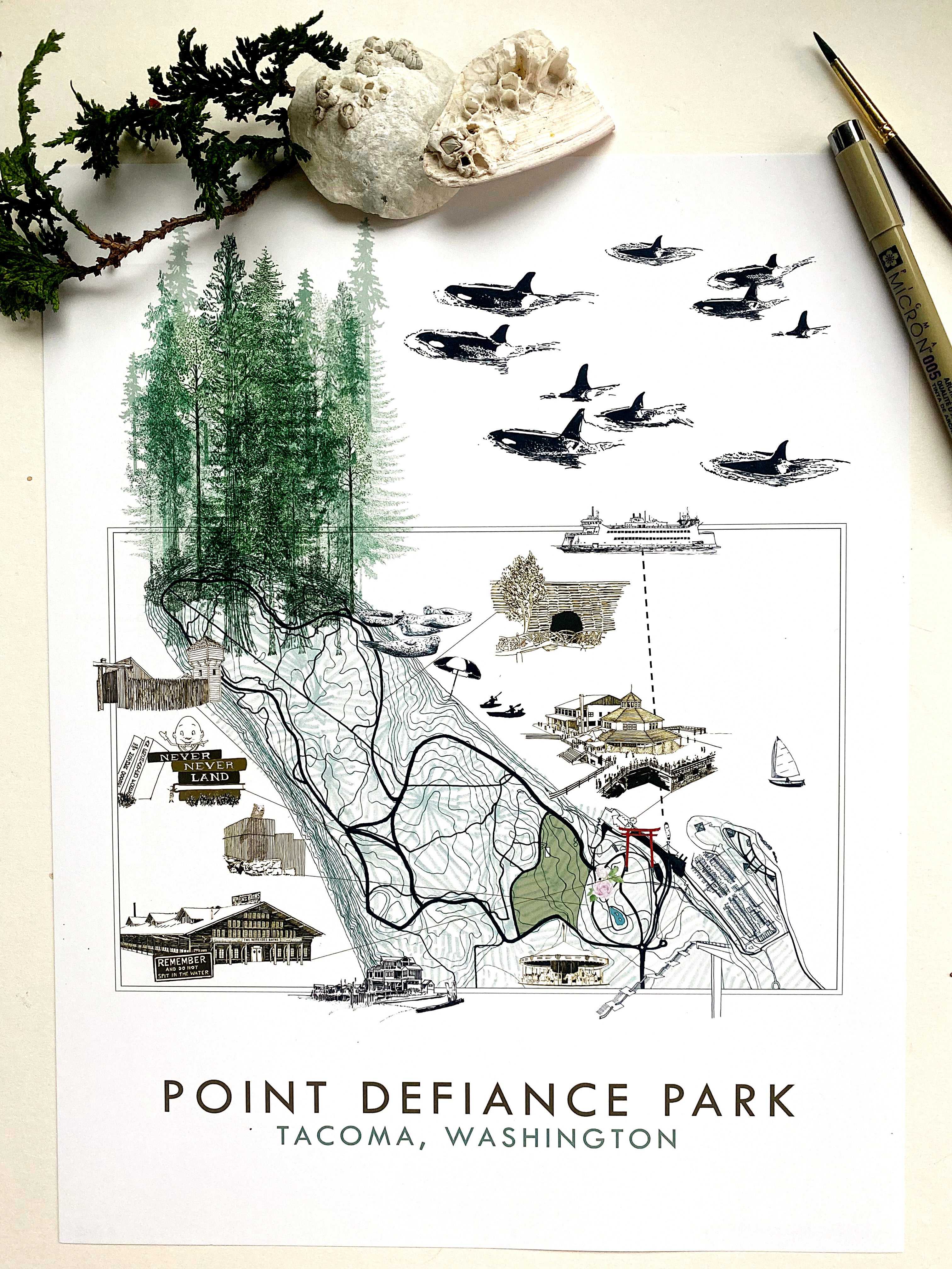 POINT DEFIANCE Park Art Map TACOMA Washington: Vertical PRINT