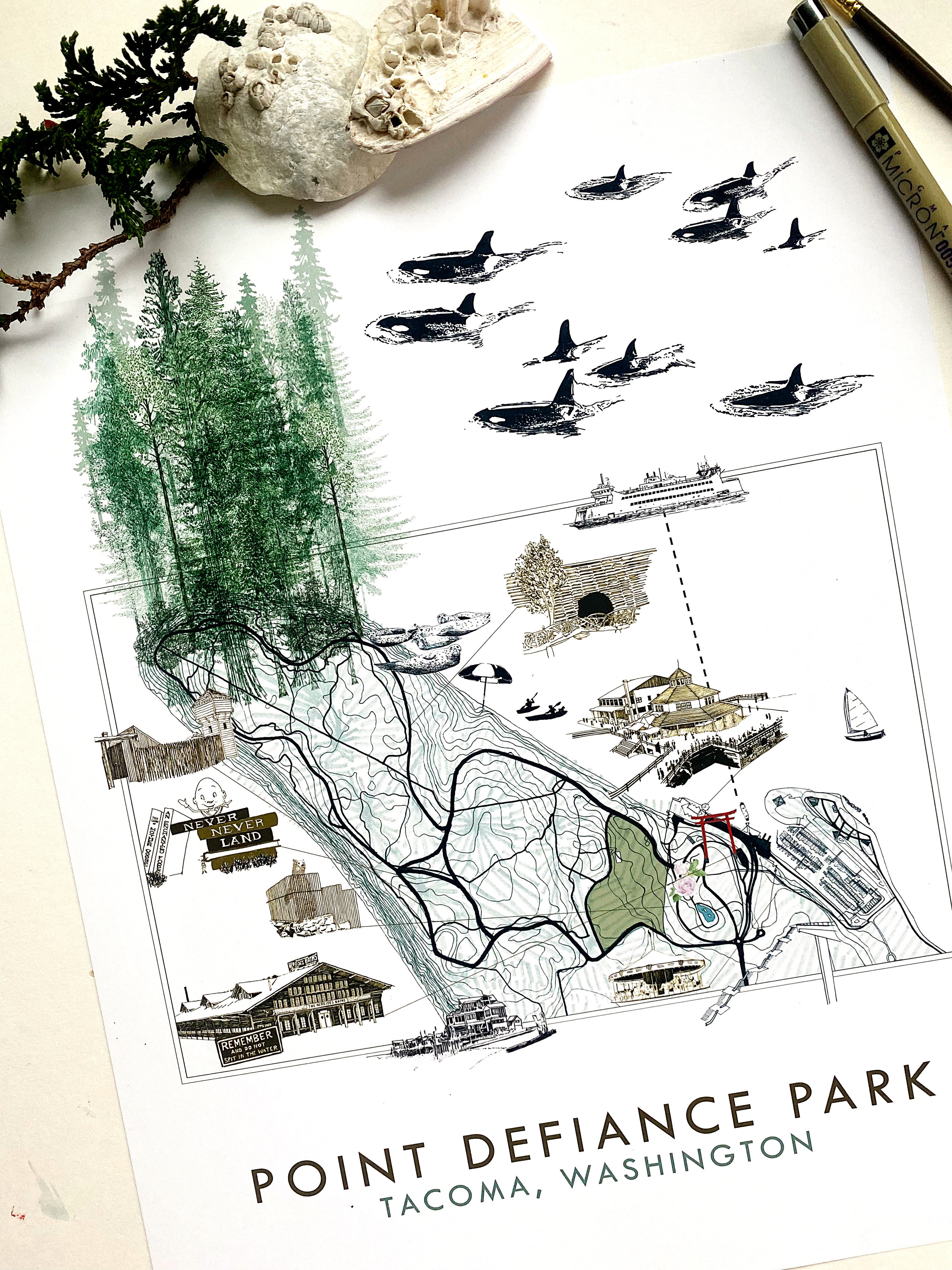 POINT DEFIANCE Park Art Map TACOMA Washington: Vertical PRINT