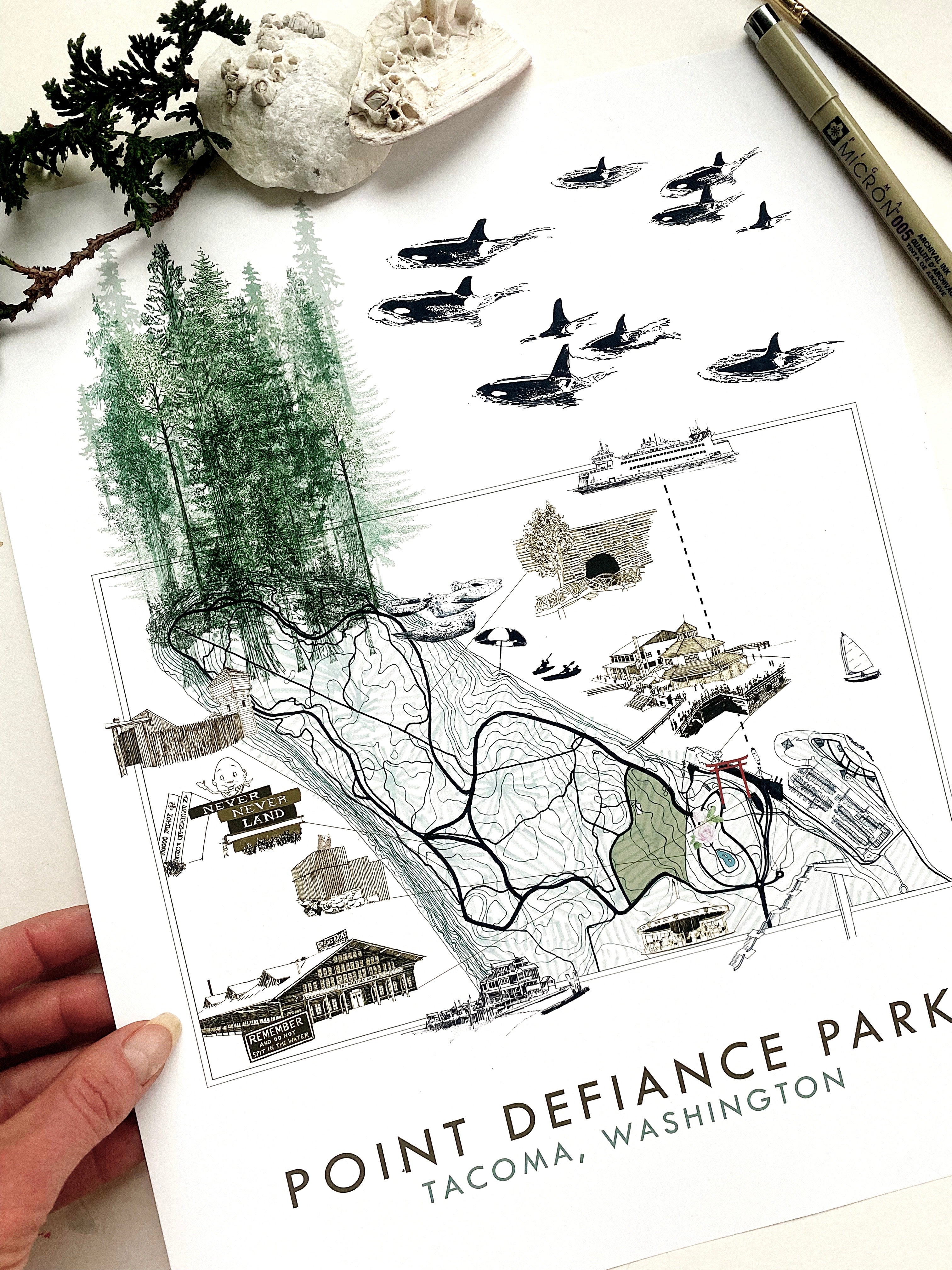 POINT DEFIANCE Park Art Map TACOMA Washington: Vertical PRINT