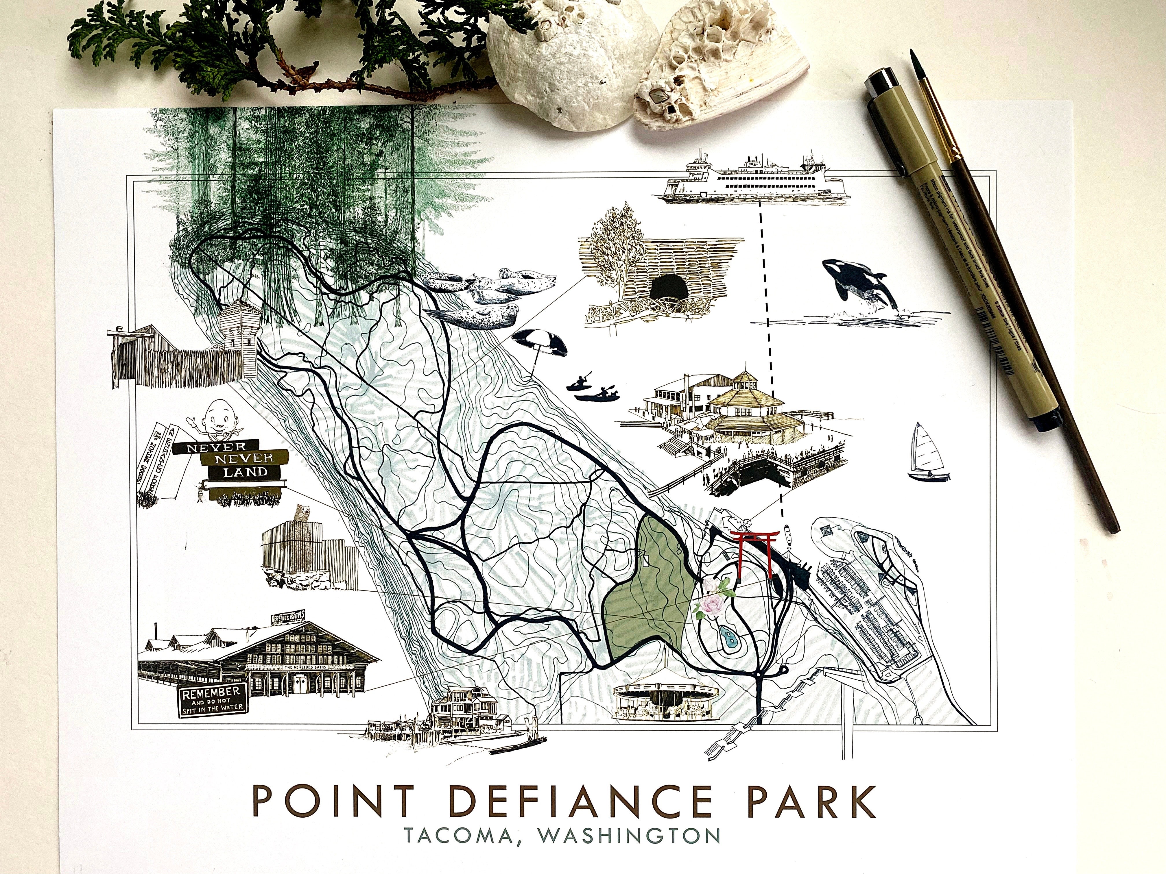 POINT DEFIANCE Park Art Map TACOMA Washington: Horizontal PRINT