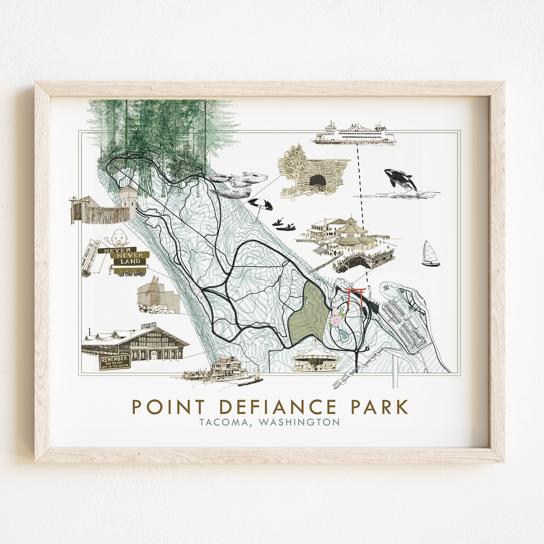 POINT DEFIANCE Park Art Map TACOMA Washington: Horizontal PRINT