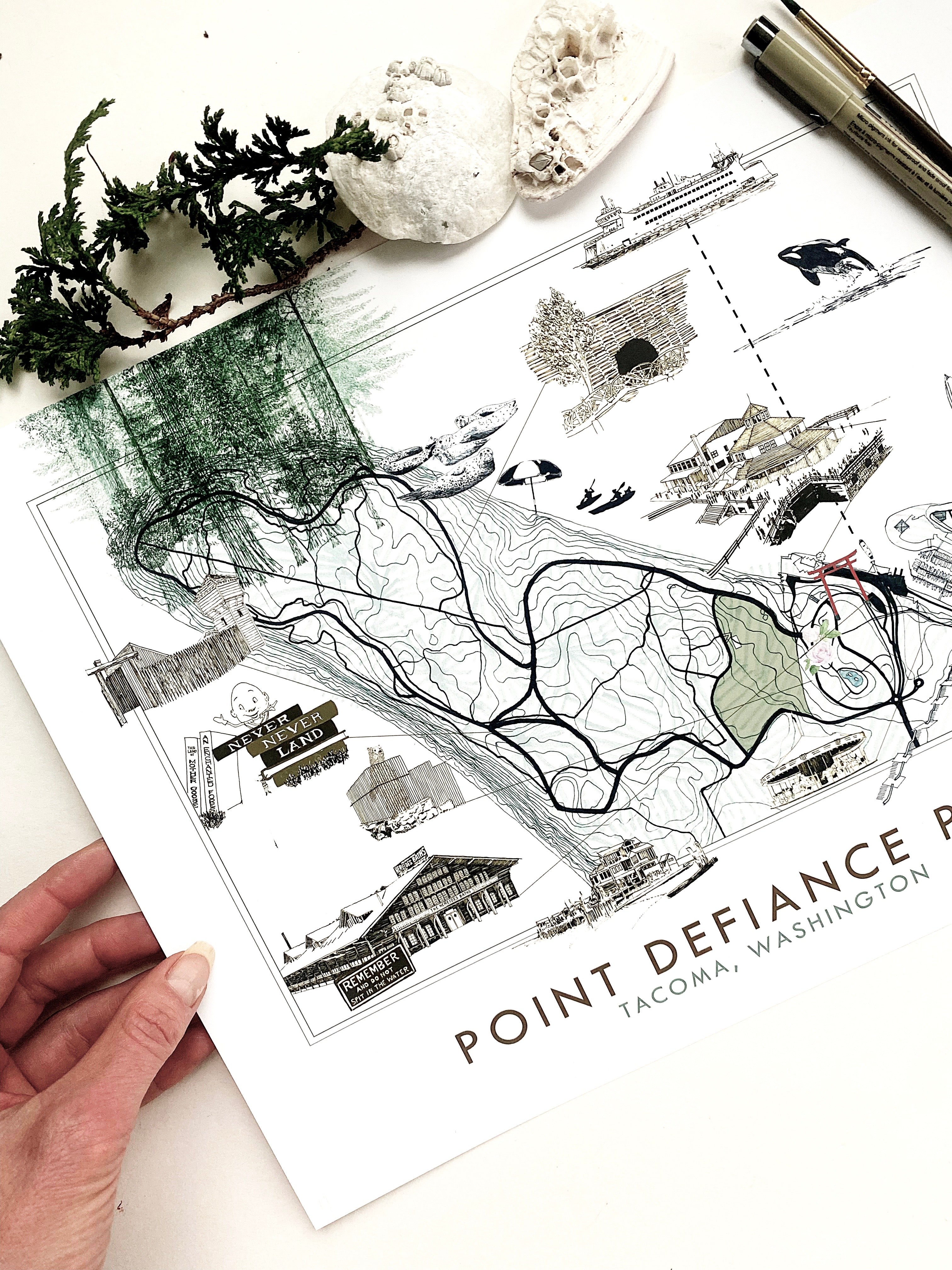 POINT DEFIANCE Park Art Map TACOMA Washington: Horizontal PRINT