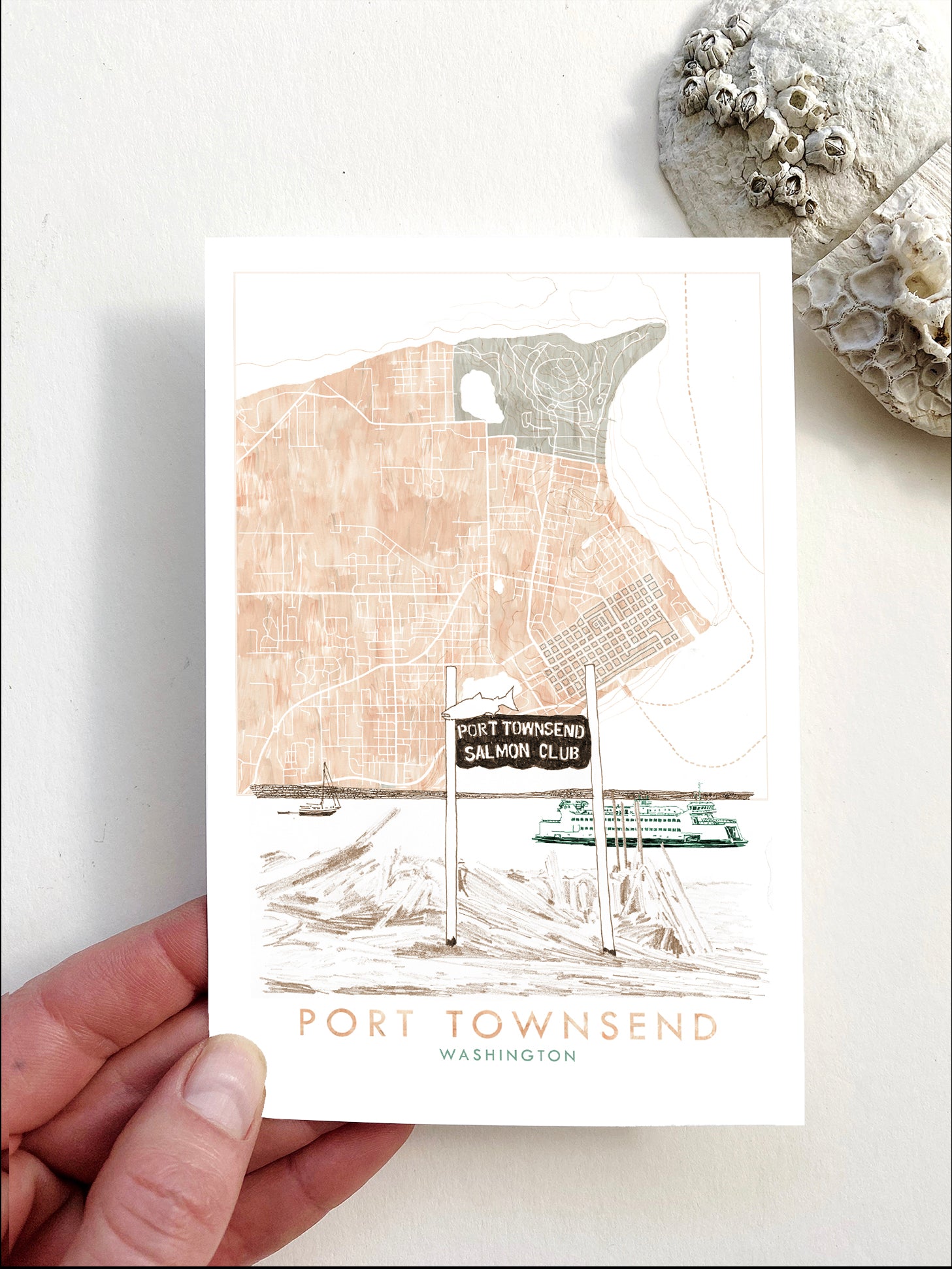PORT TOWNSEND Washington Map + Beach Scene Postcard