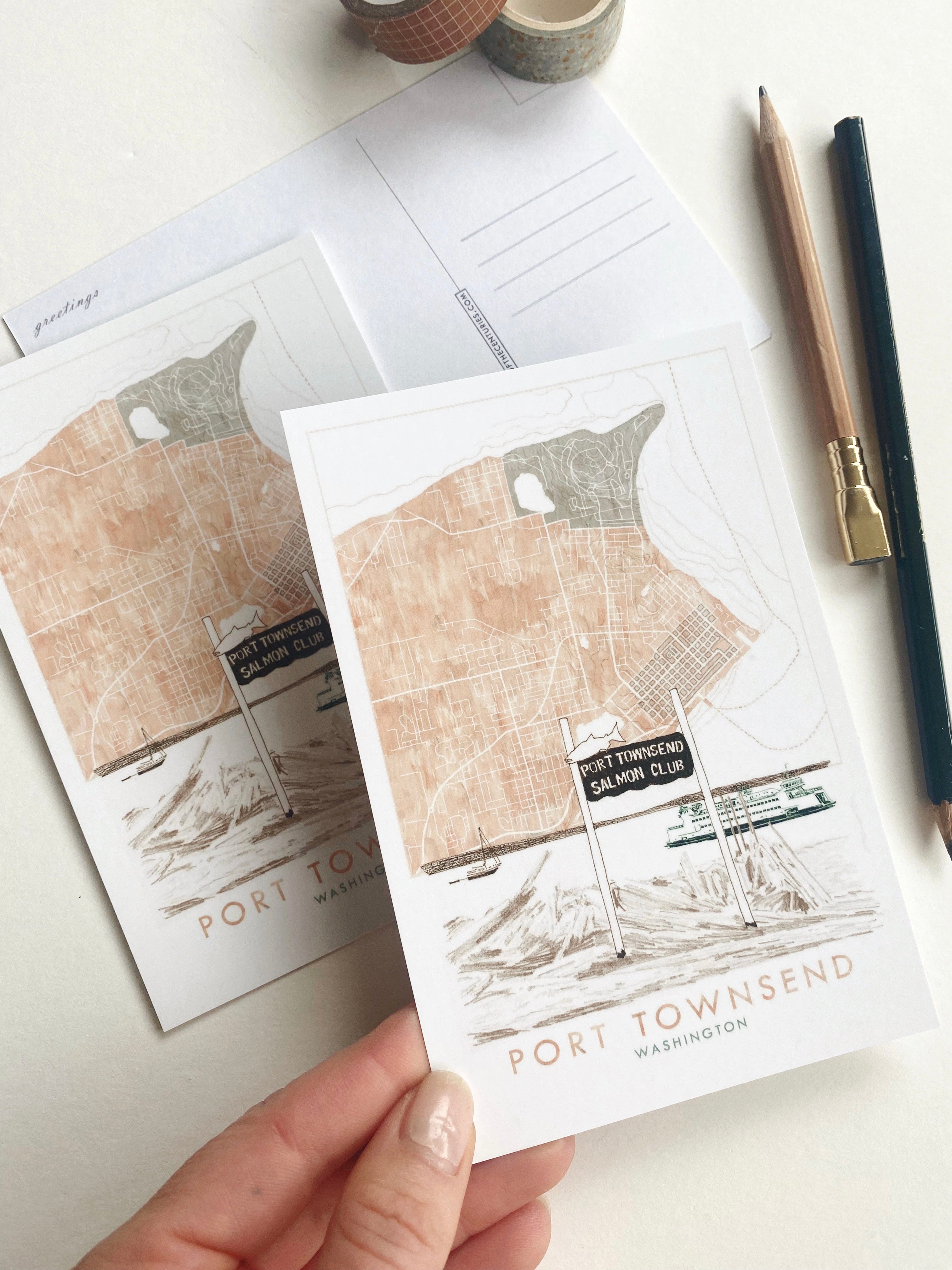 PORT TOWNSEND Washington Map + Beach Scene Postcard