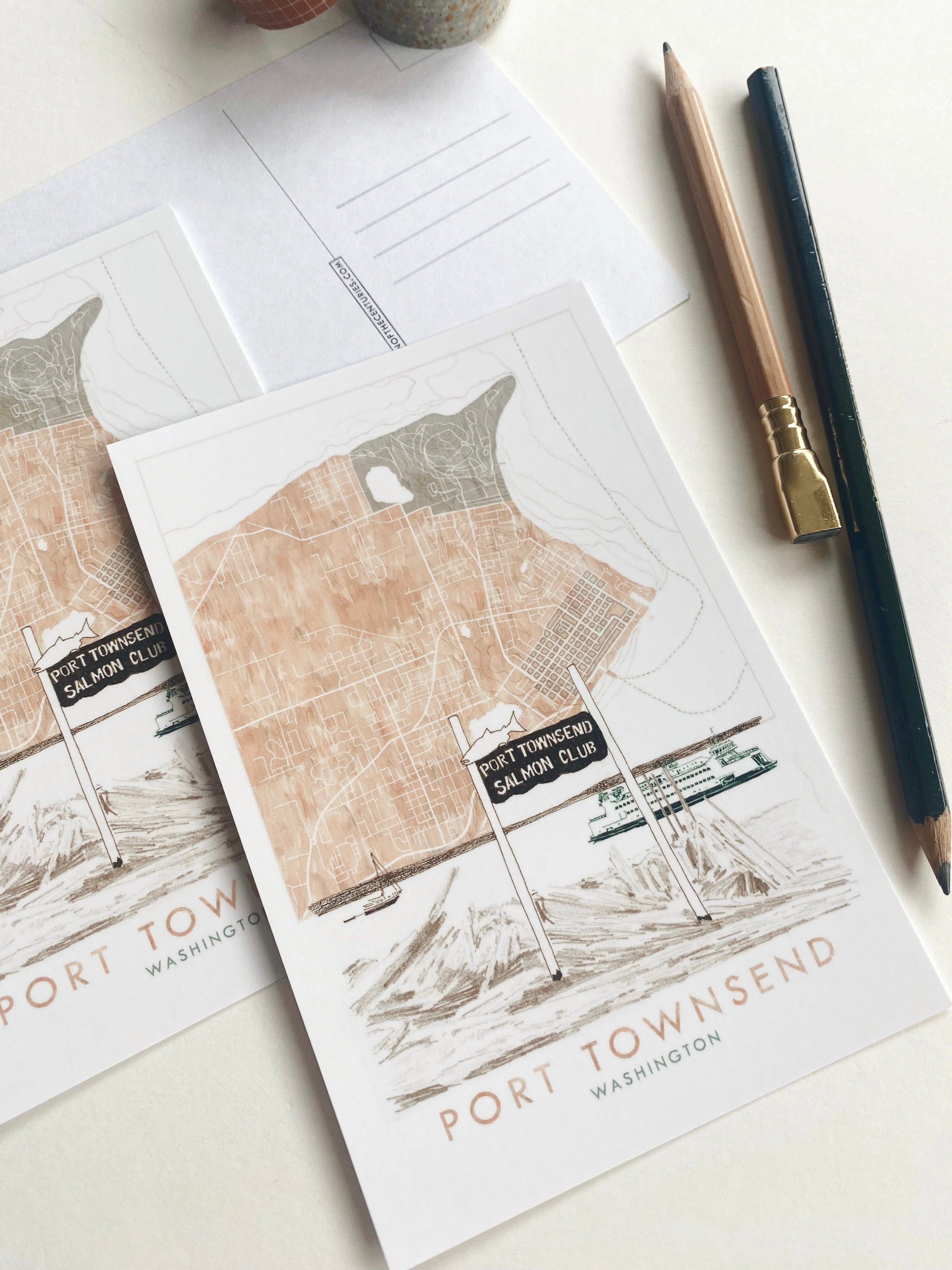 PORT TOWNSEND Washington Map + Beach Scene Postcard
