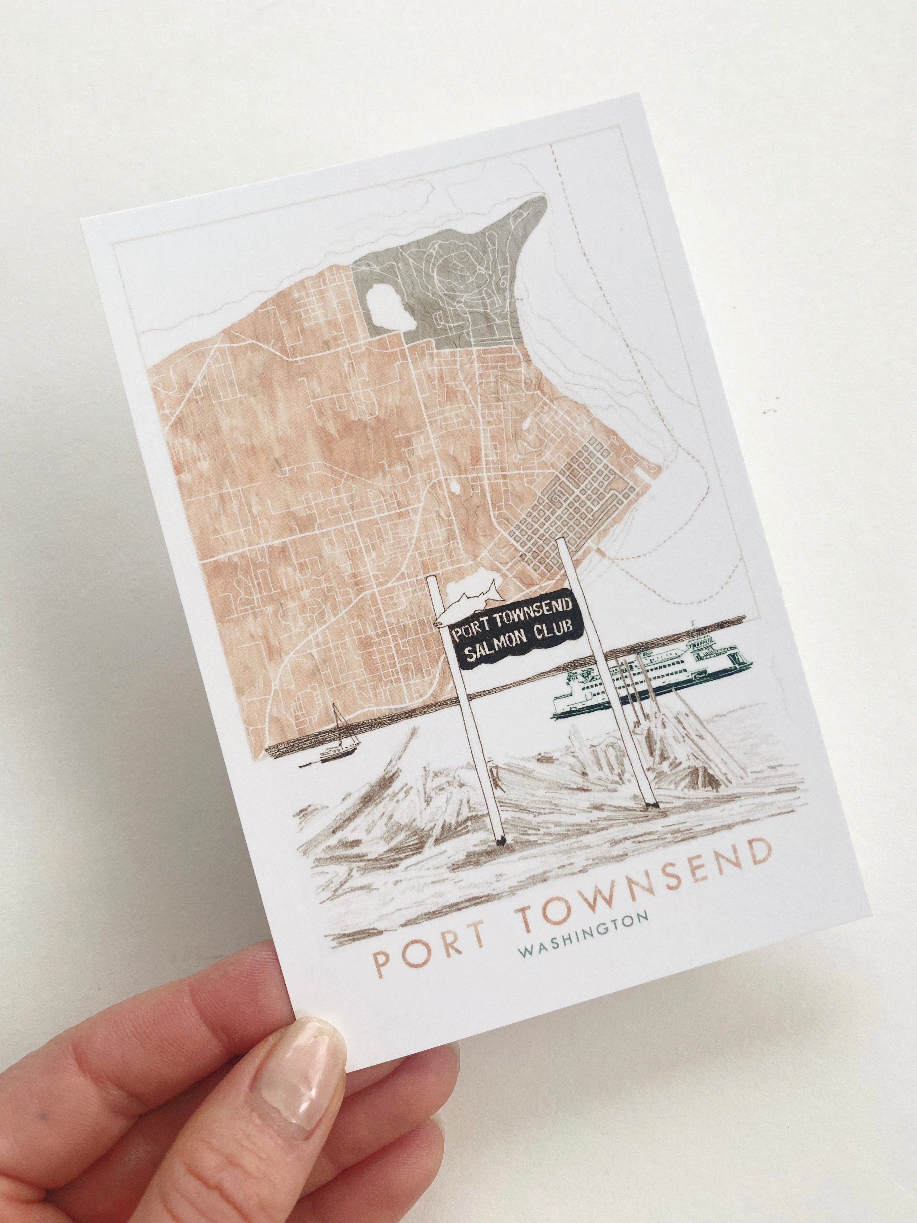 PORT TOWNSEND Washington Map + Beach Scene Postcard