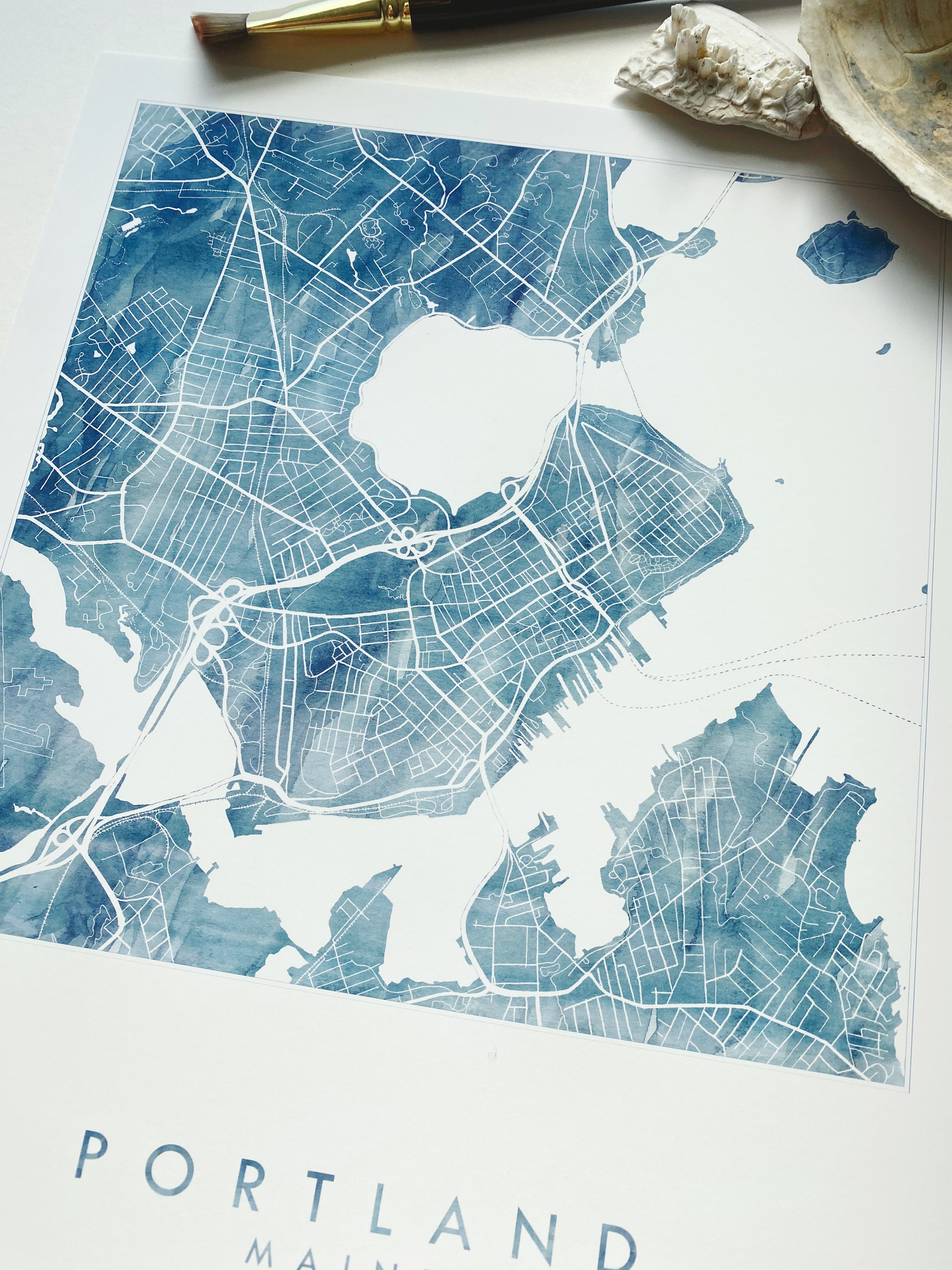 PORTLAND Maine Watercolor Wash City Map: PRINT