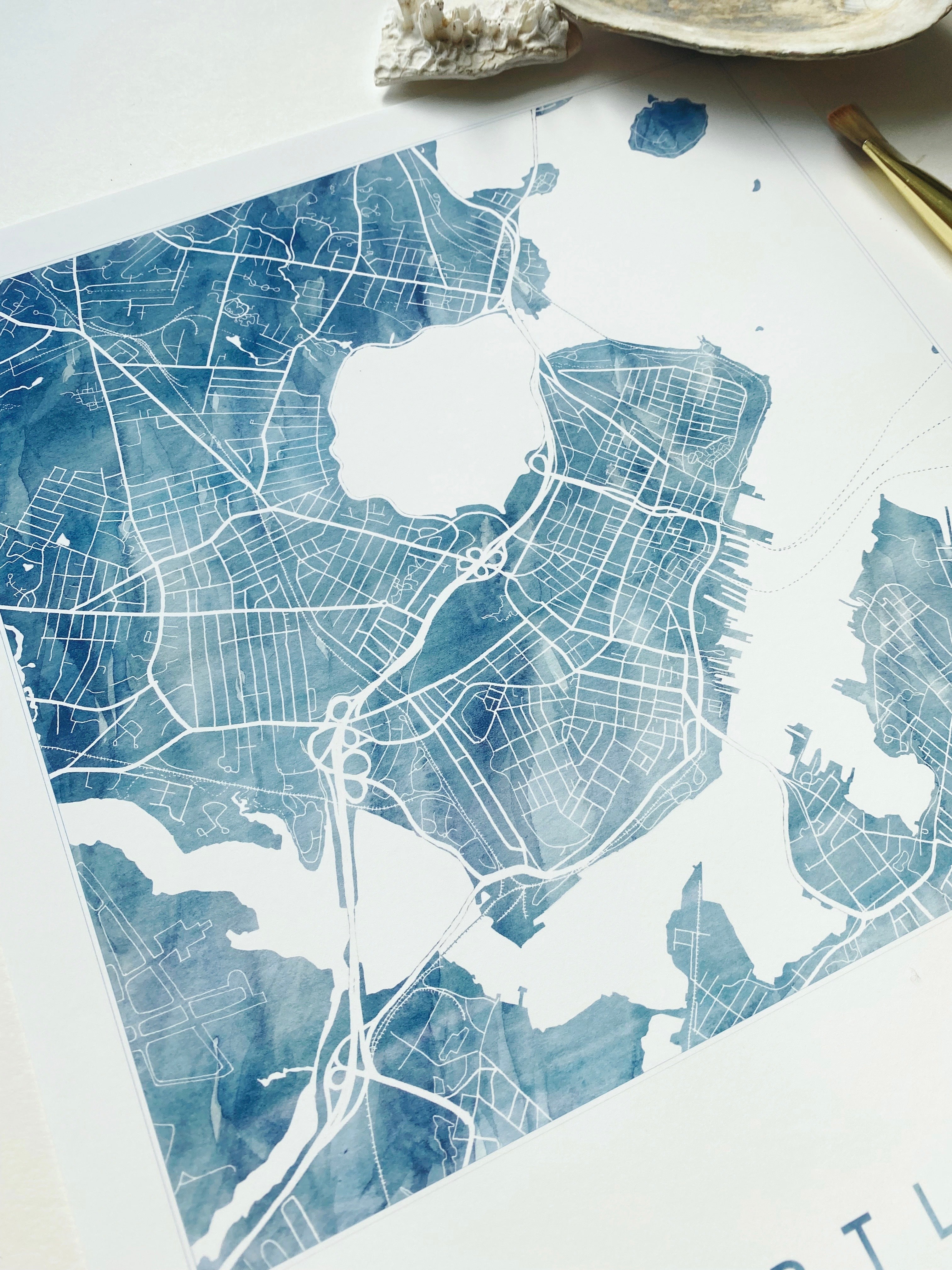 PORTLAND Maine Watercolor Wash City Map: PRINT