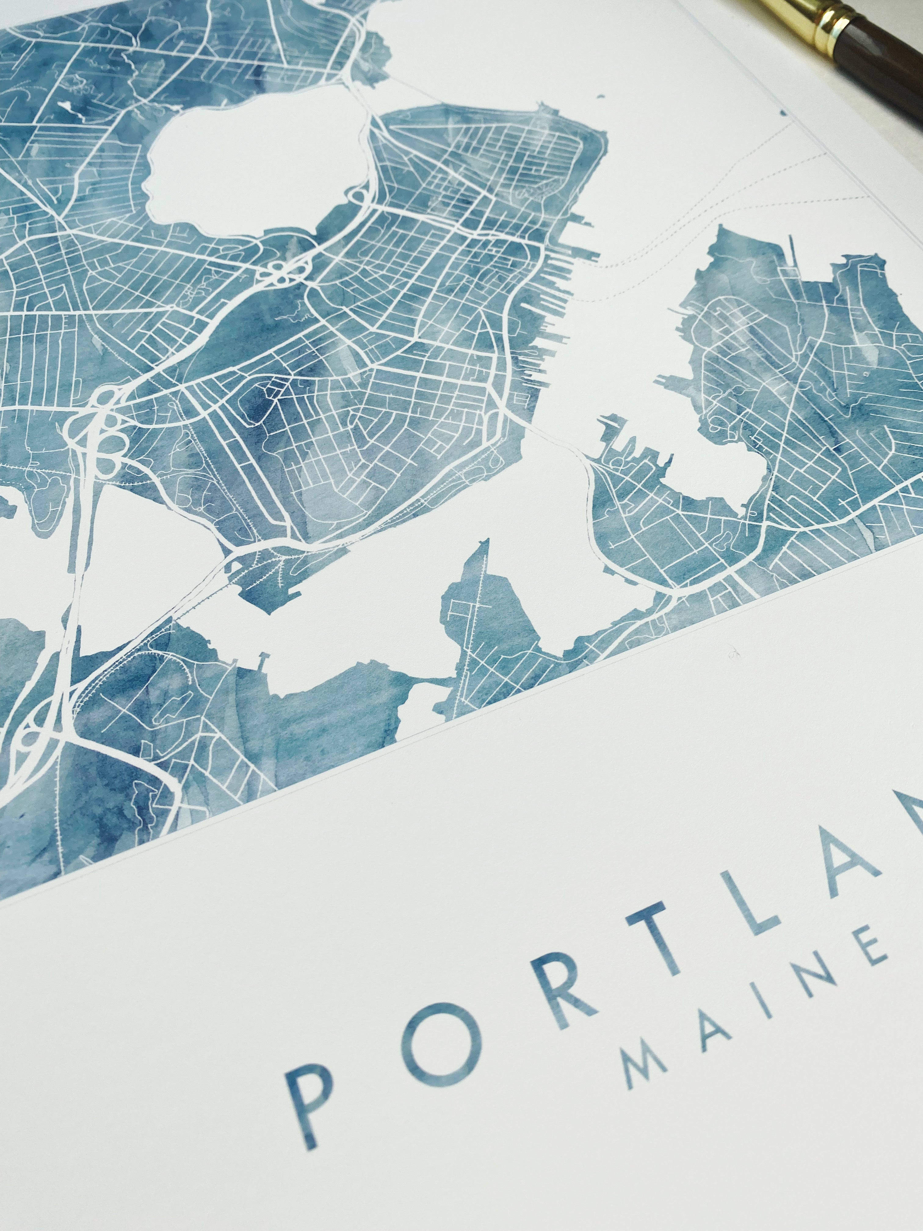 PORTLAND Maine Watercolor Wash City Map: PRINT