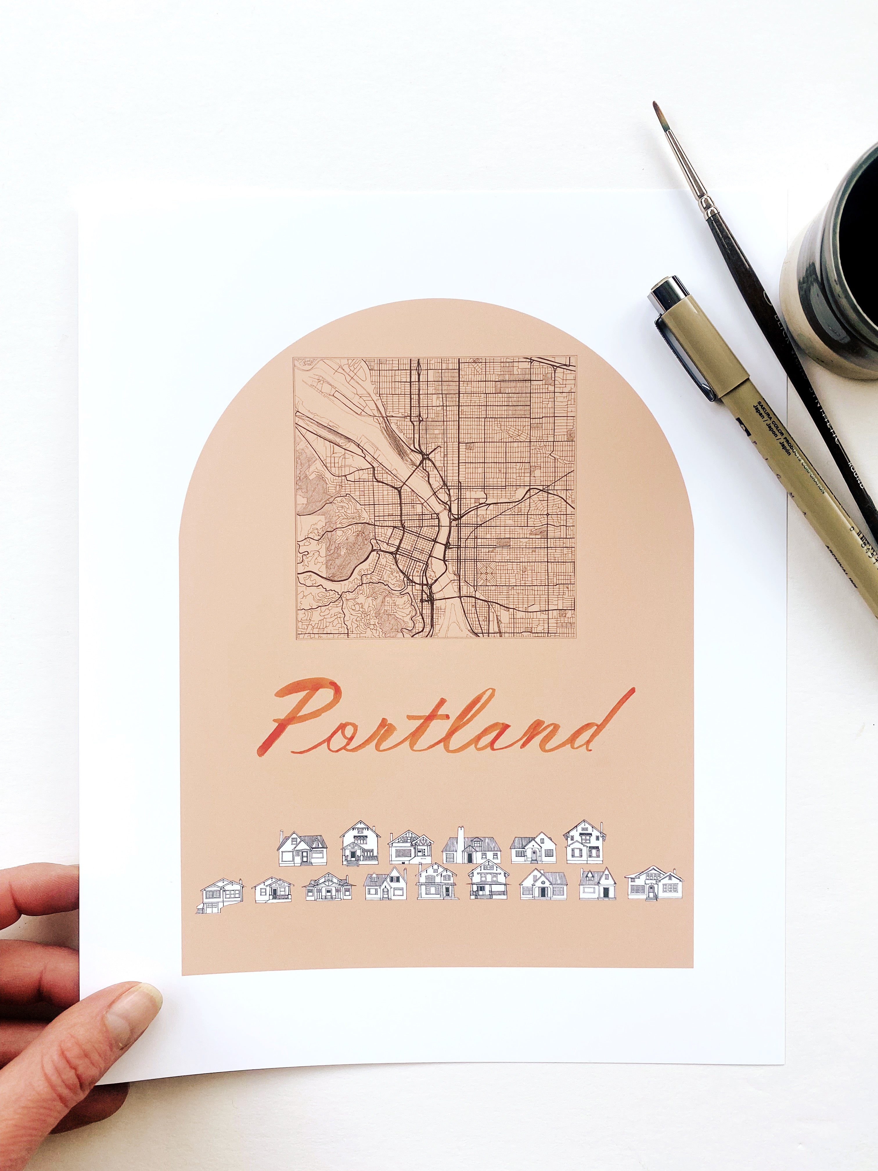 PORTLAND Oregon Bungalows Streetscape + Map: PRINT