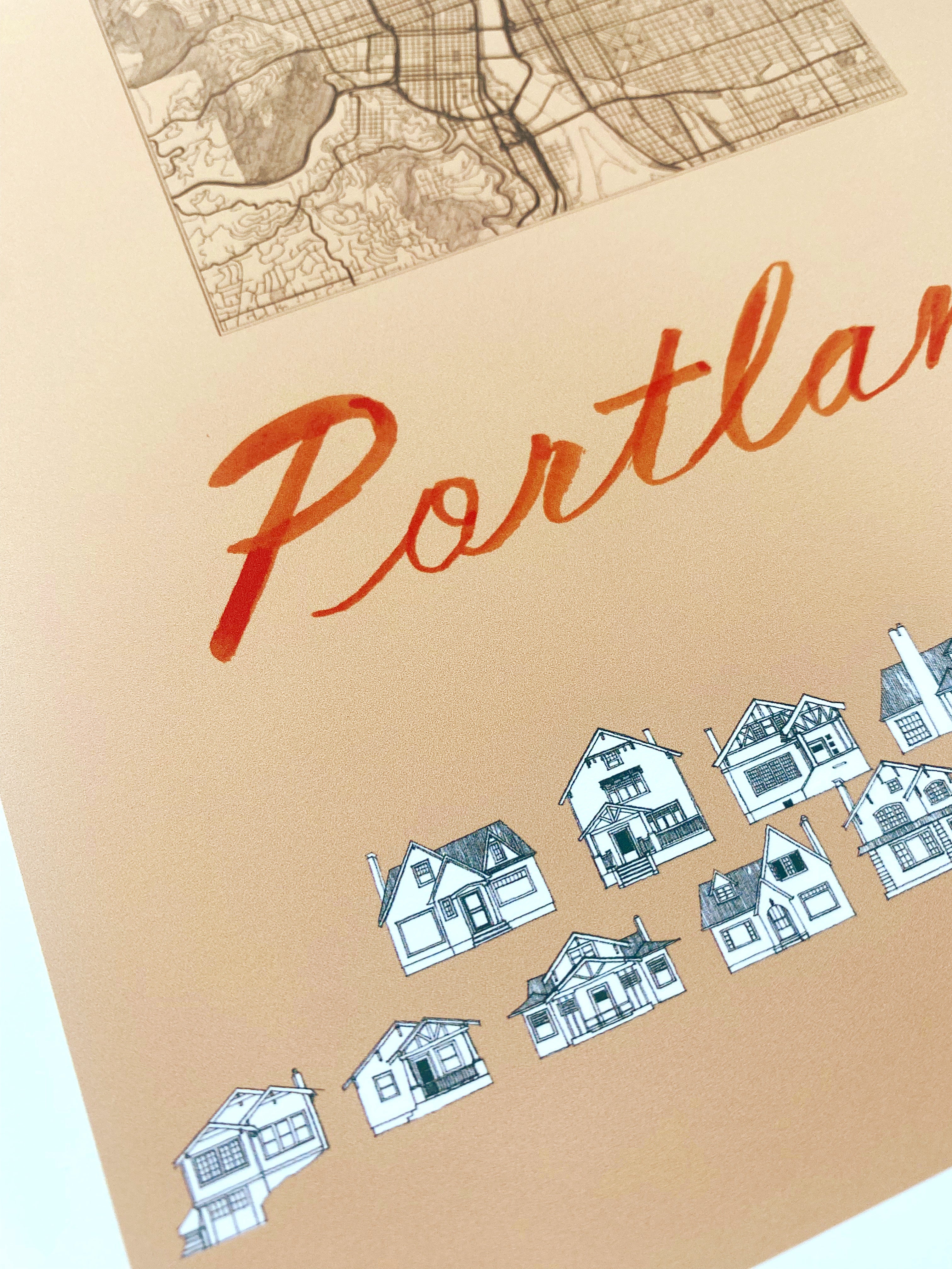PORTLAND Oregon Bungalows Streetscape + Map: PRINT
