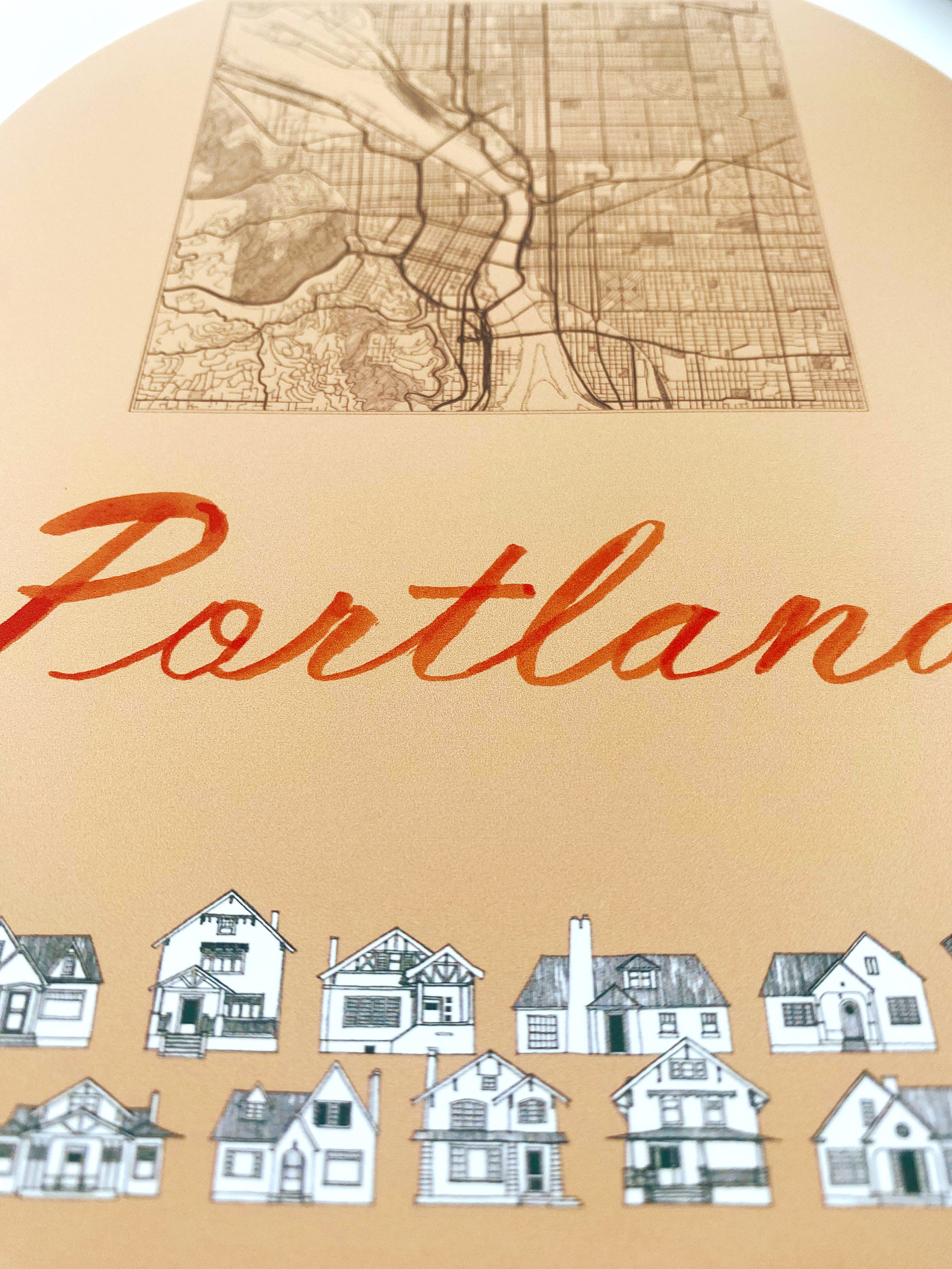 PORTLAND Oregon Bungalows Streetscape + Map: PRINT