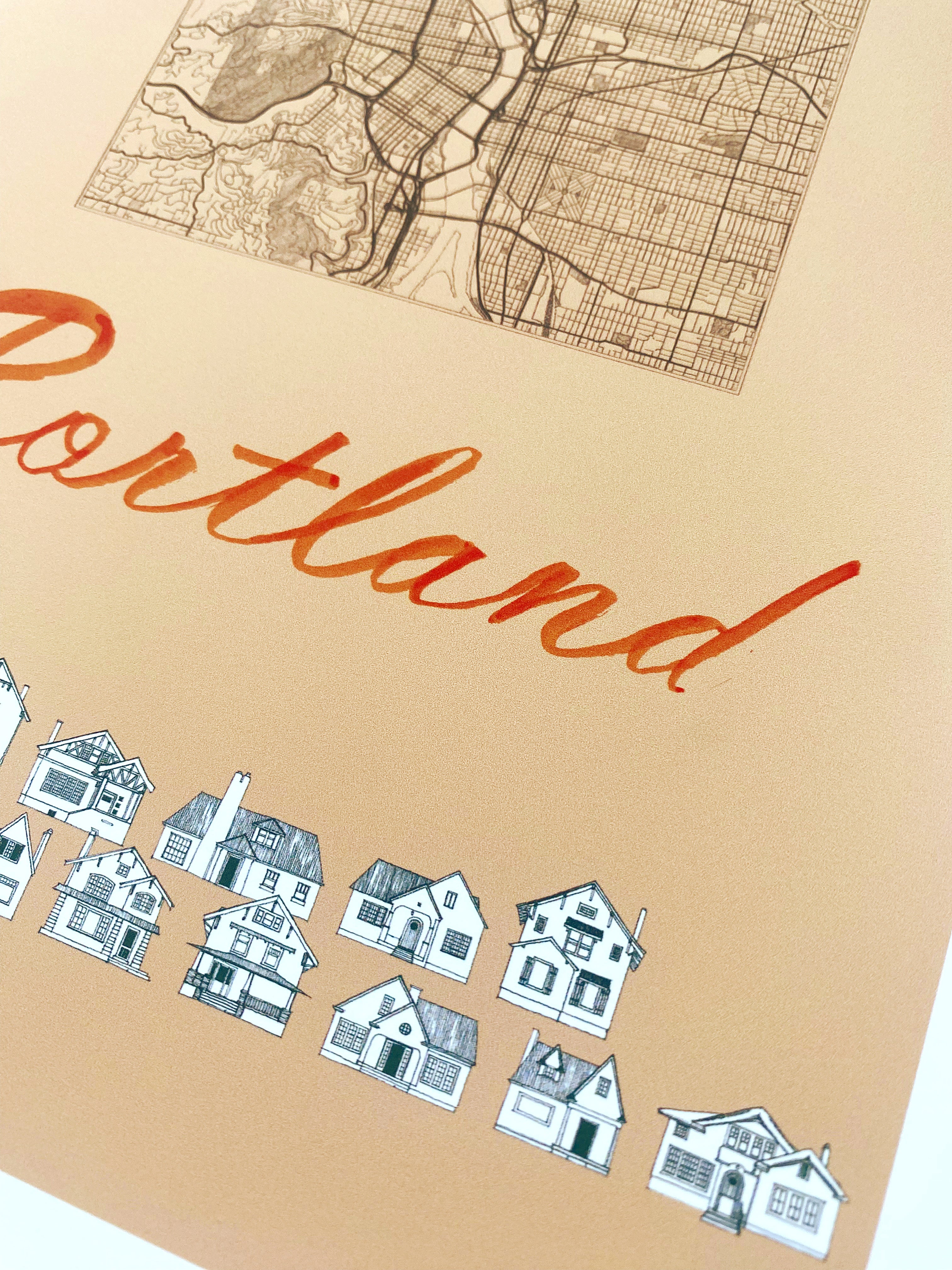 PORTLAND Oregon Bungalows Streetscape + Map: PRINT