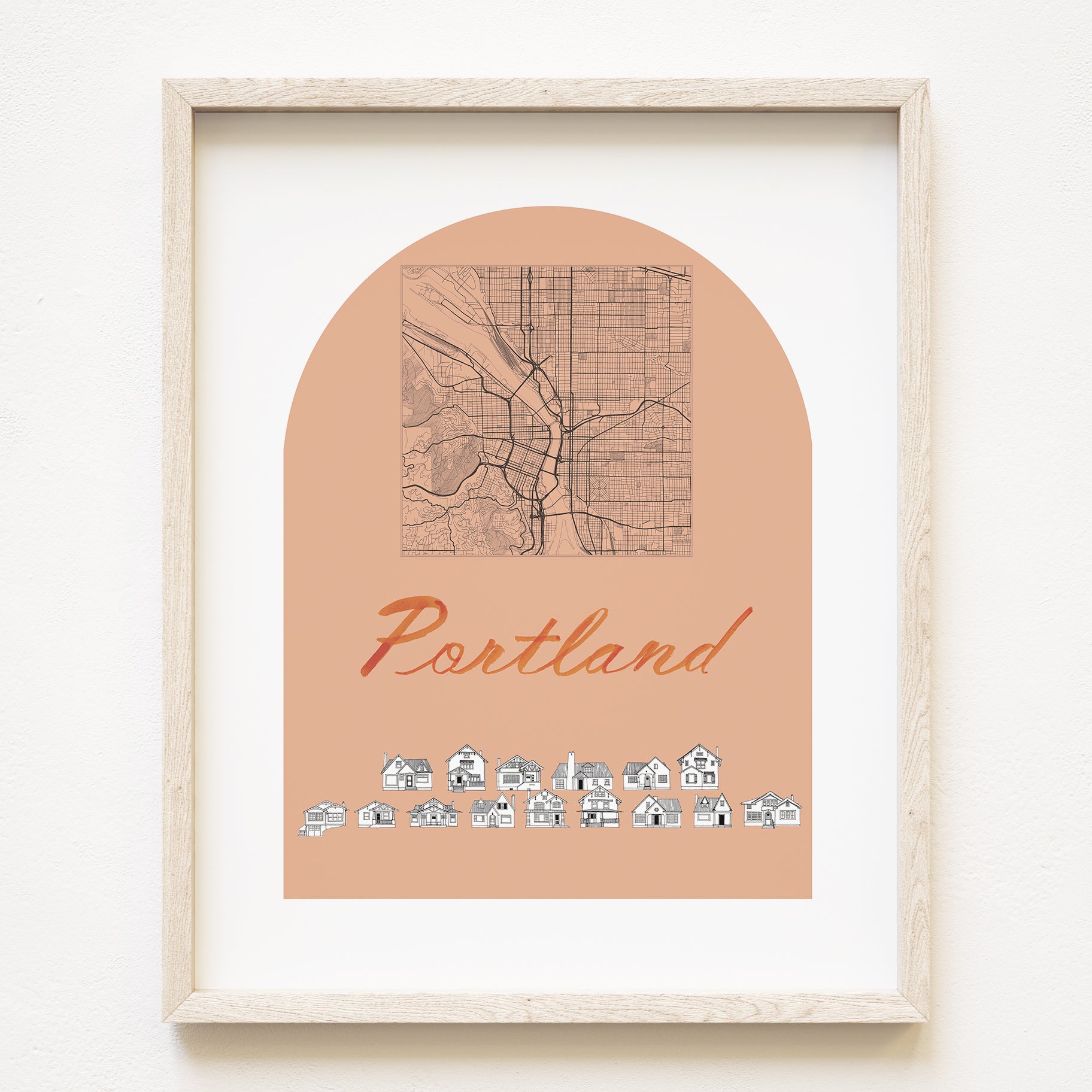 PORTLAND Oregon Bungalows Streetscape + Map: PRINT