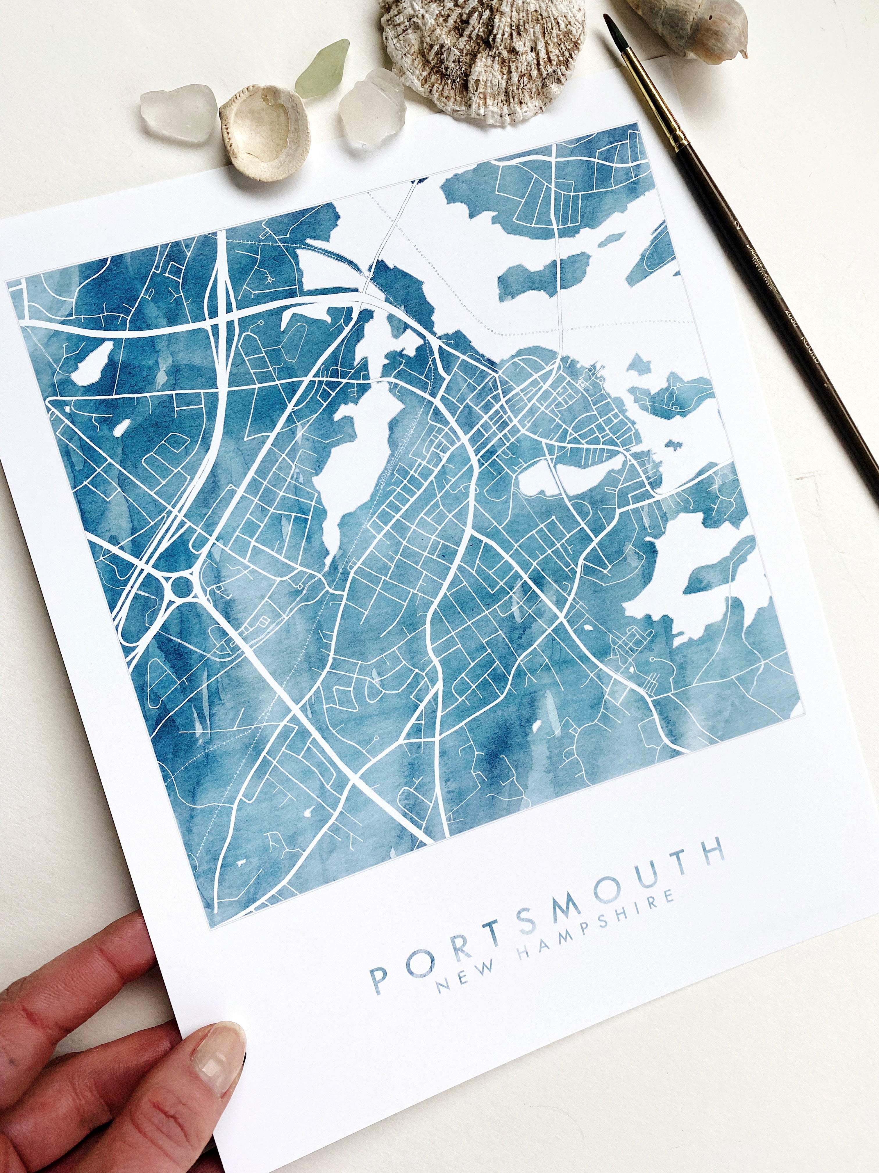 PORTSMOUTH New Hampshire Watercolor Wash Topo Map: PRINT