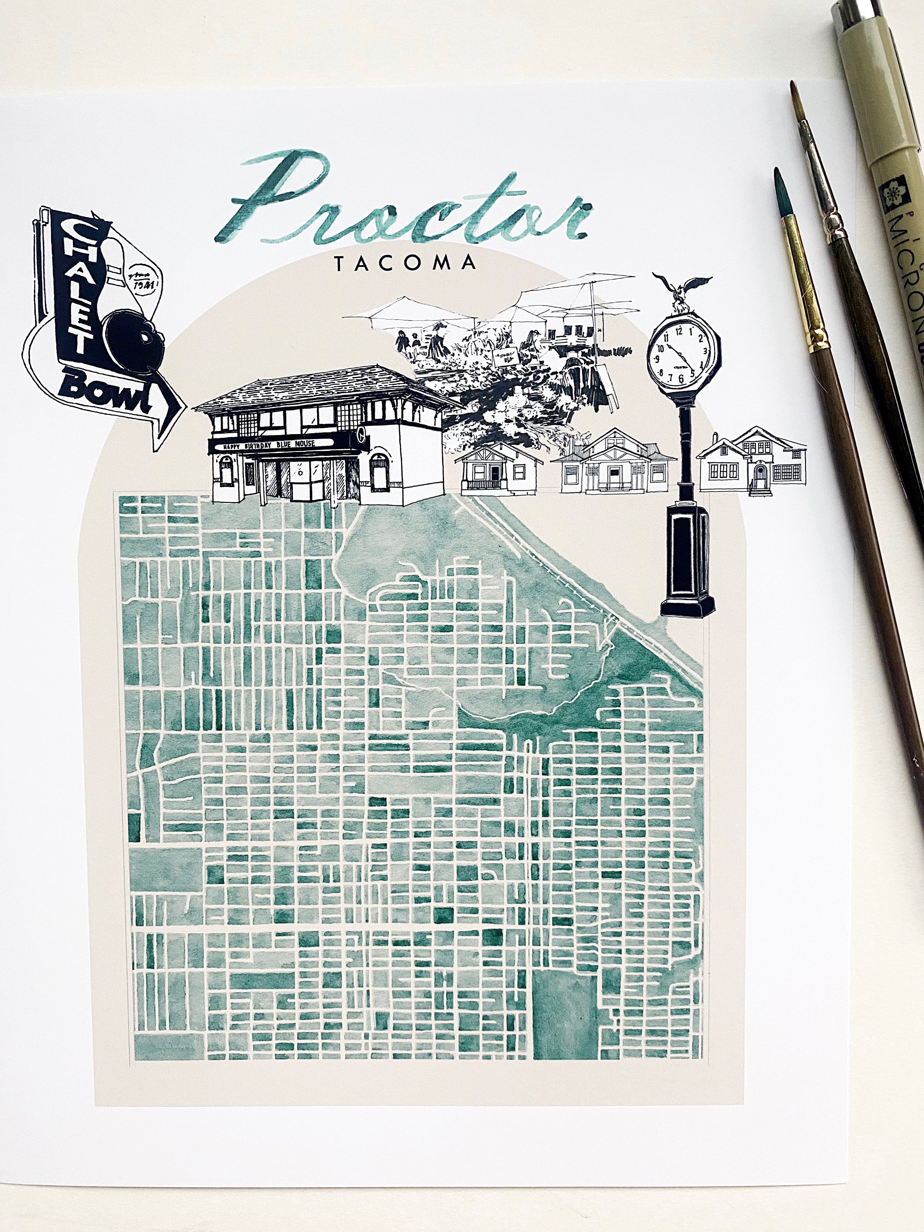 new PROCTOR TACOMA Watercolor "Charms" City Blocks Map: PRINT