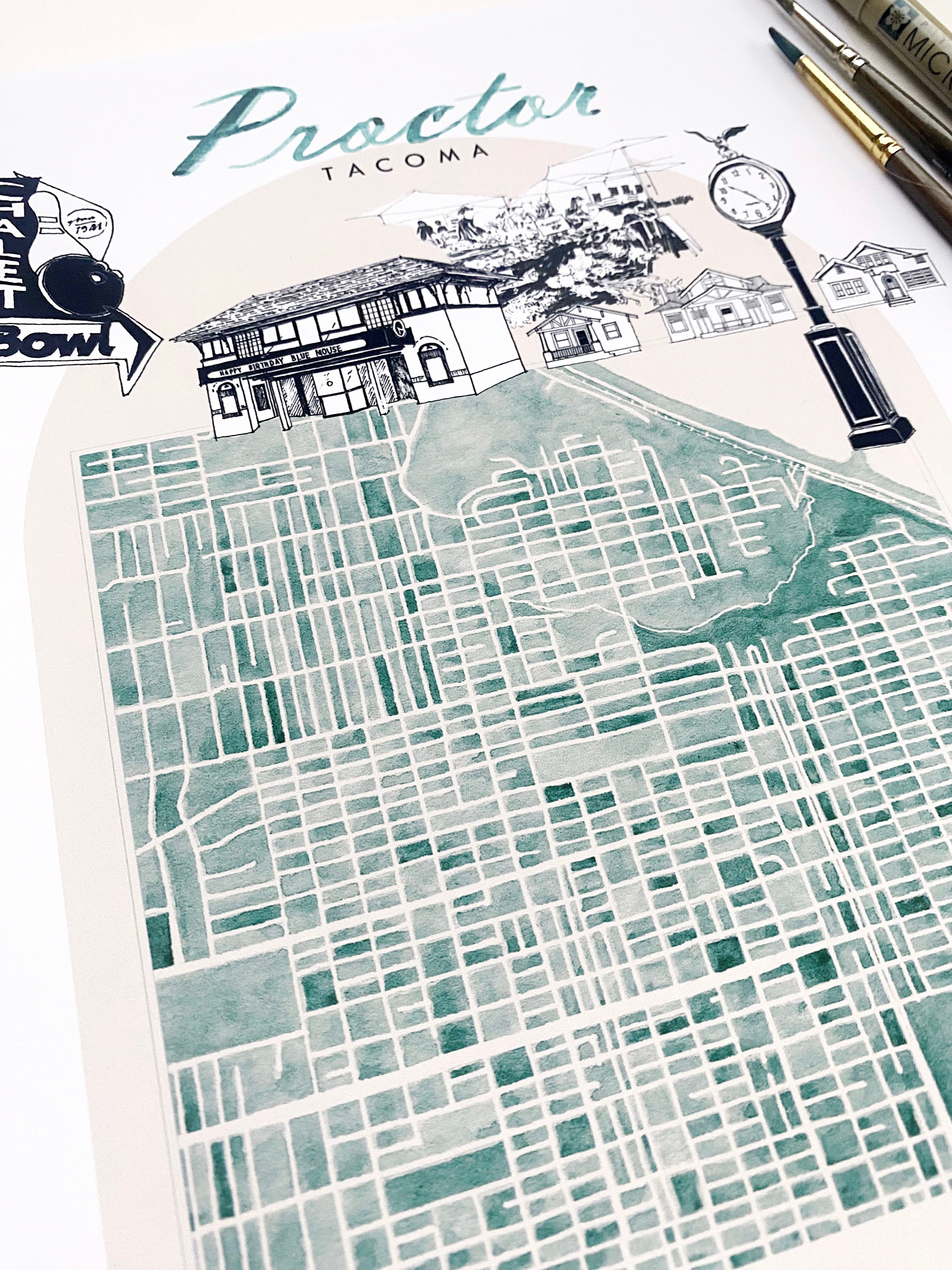 new PROCTOR TACOMA Watercolor "Charms" City Blocks Map: PRINT