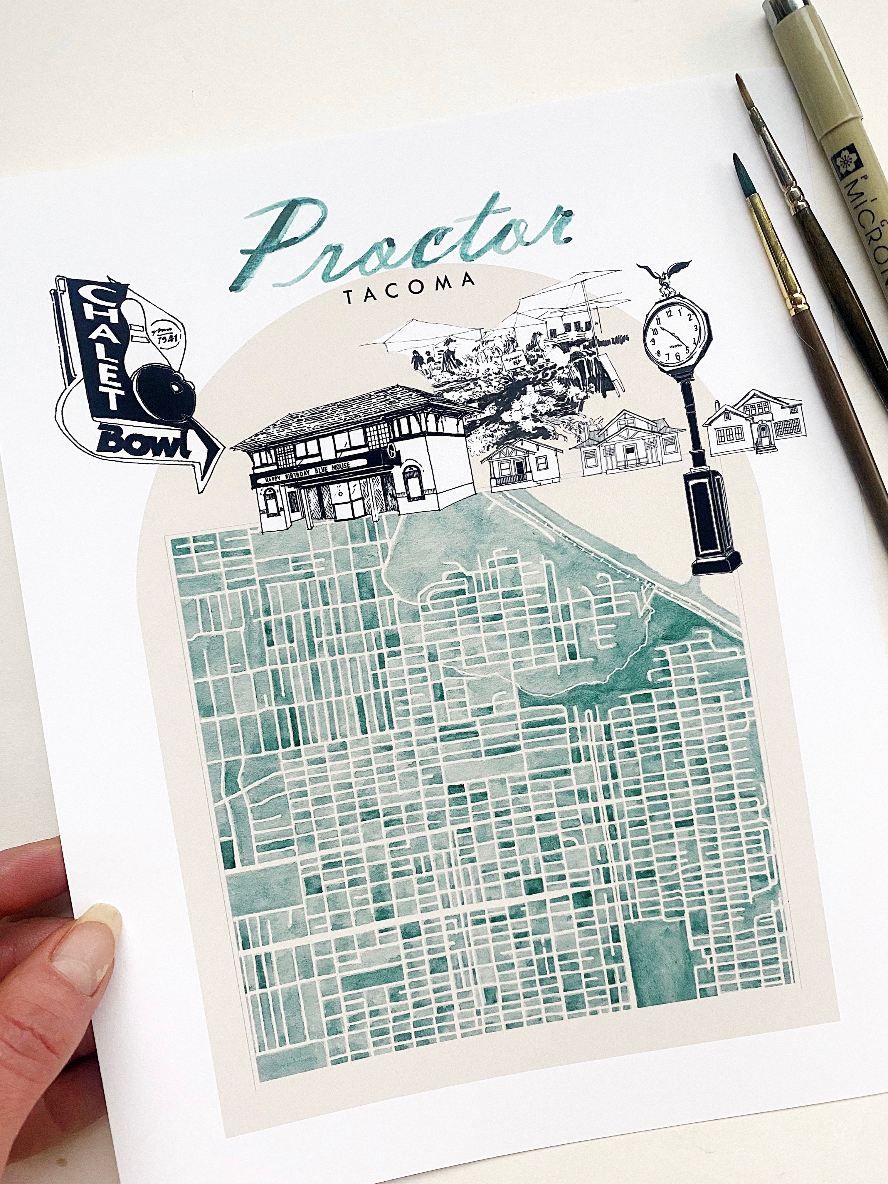 new PROCTOR TACOMA Watercolor "Charms" City Blocks Map: PRINT