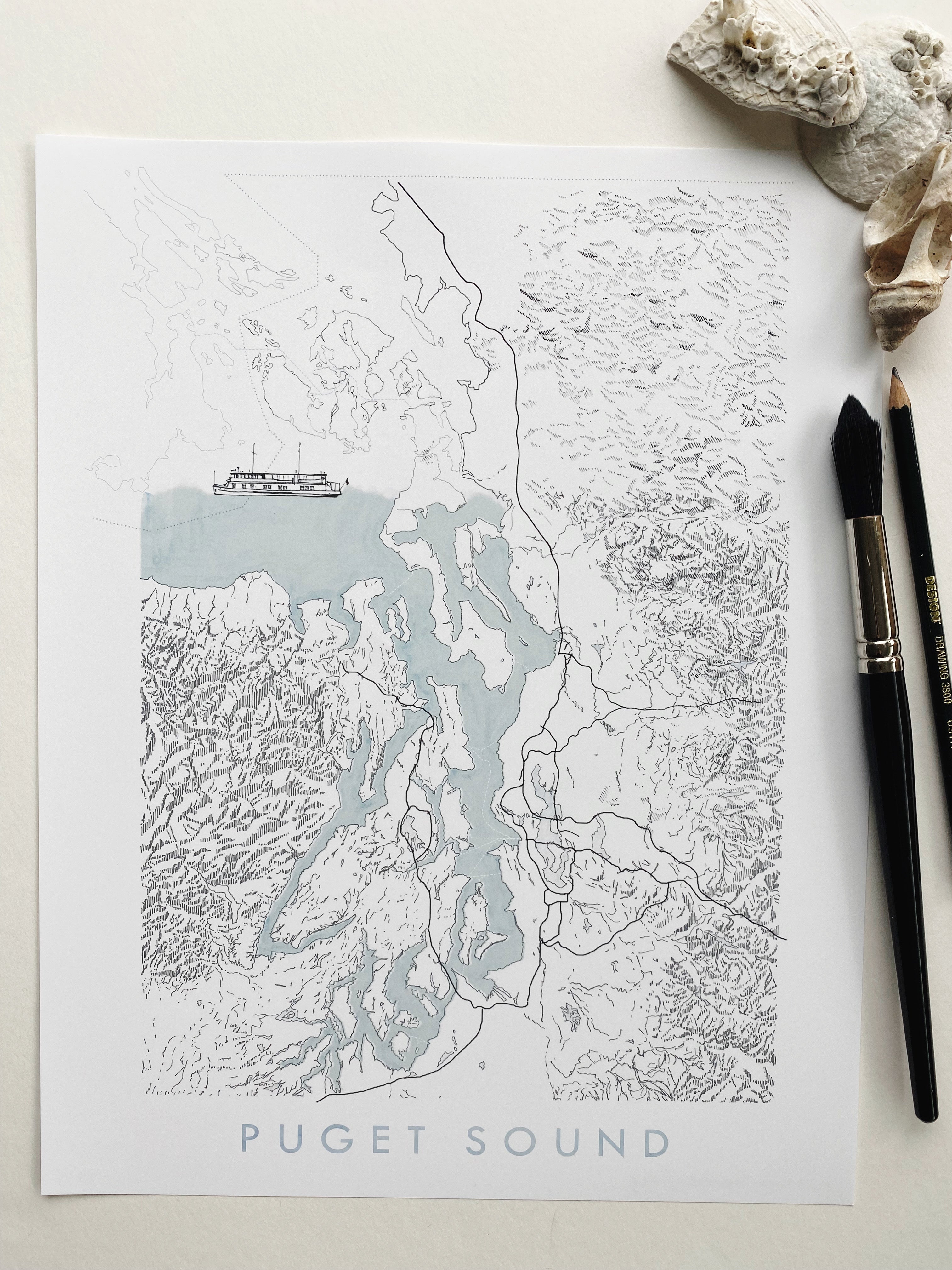 PUGET SOUND Topographical Watercolor Map: 11x14 PRINT