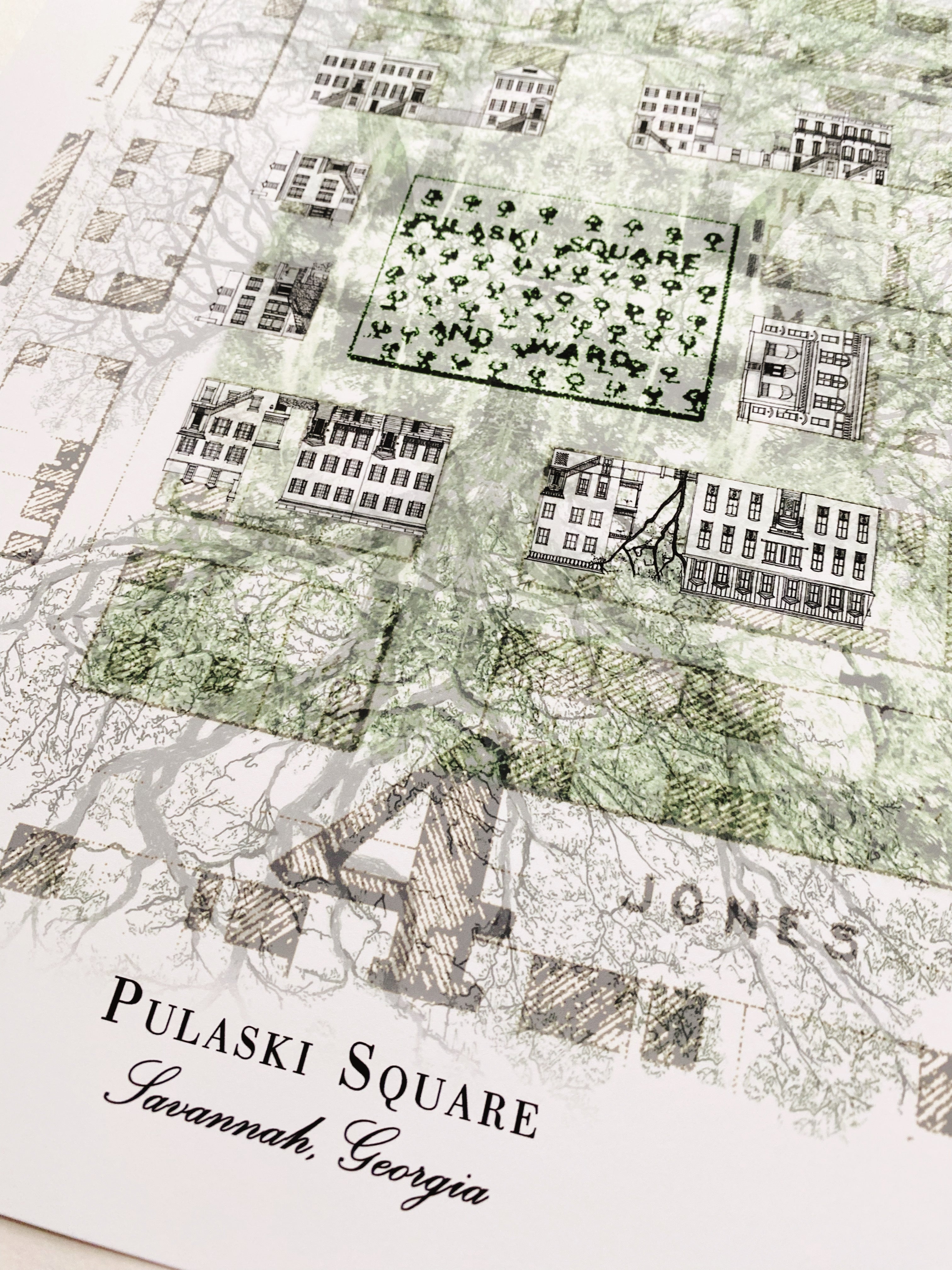 Savannah GA Pulaski Square Map-drawing: ART PRINT