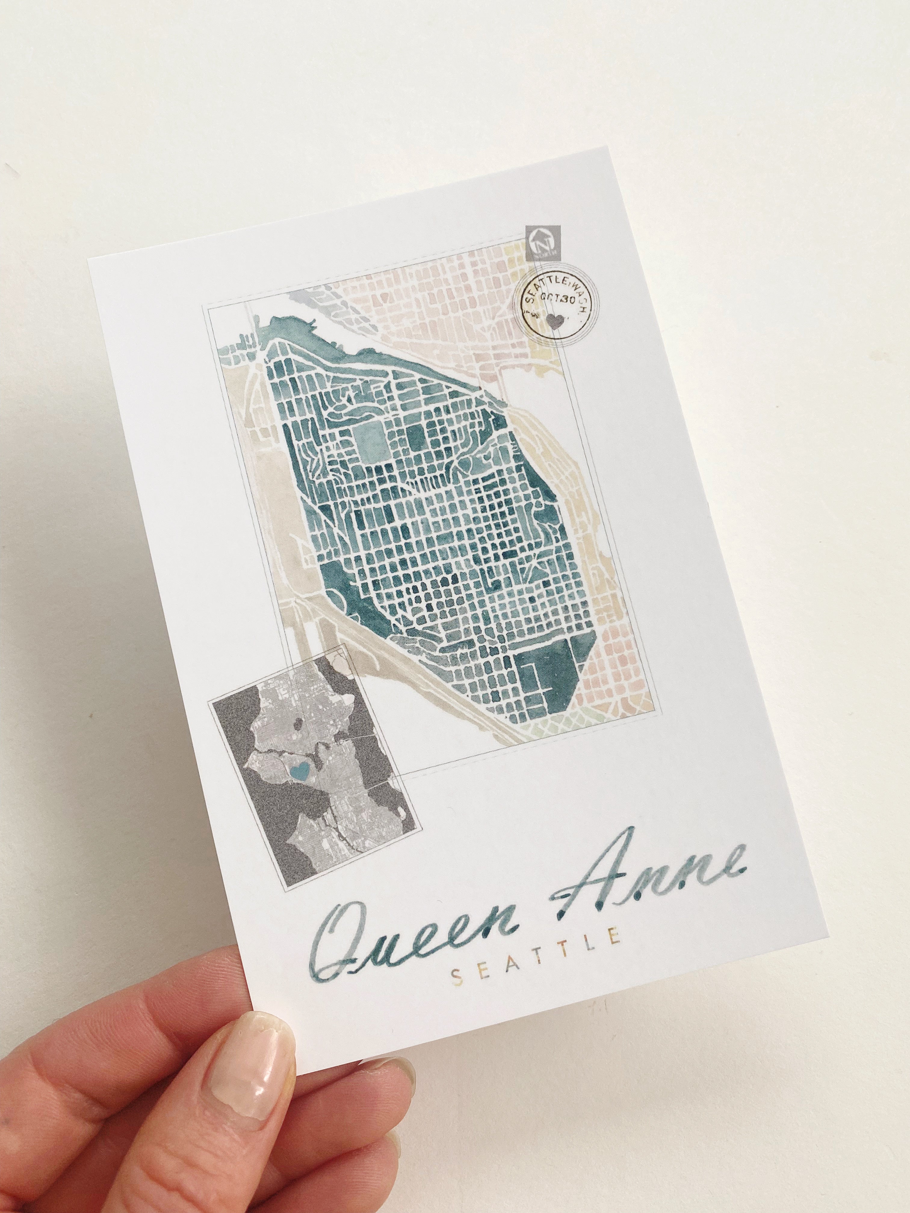 QUEEN ANNE Seattle Neighborhood Map Postcard