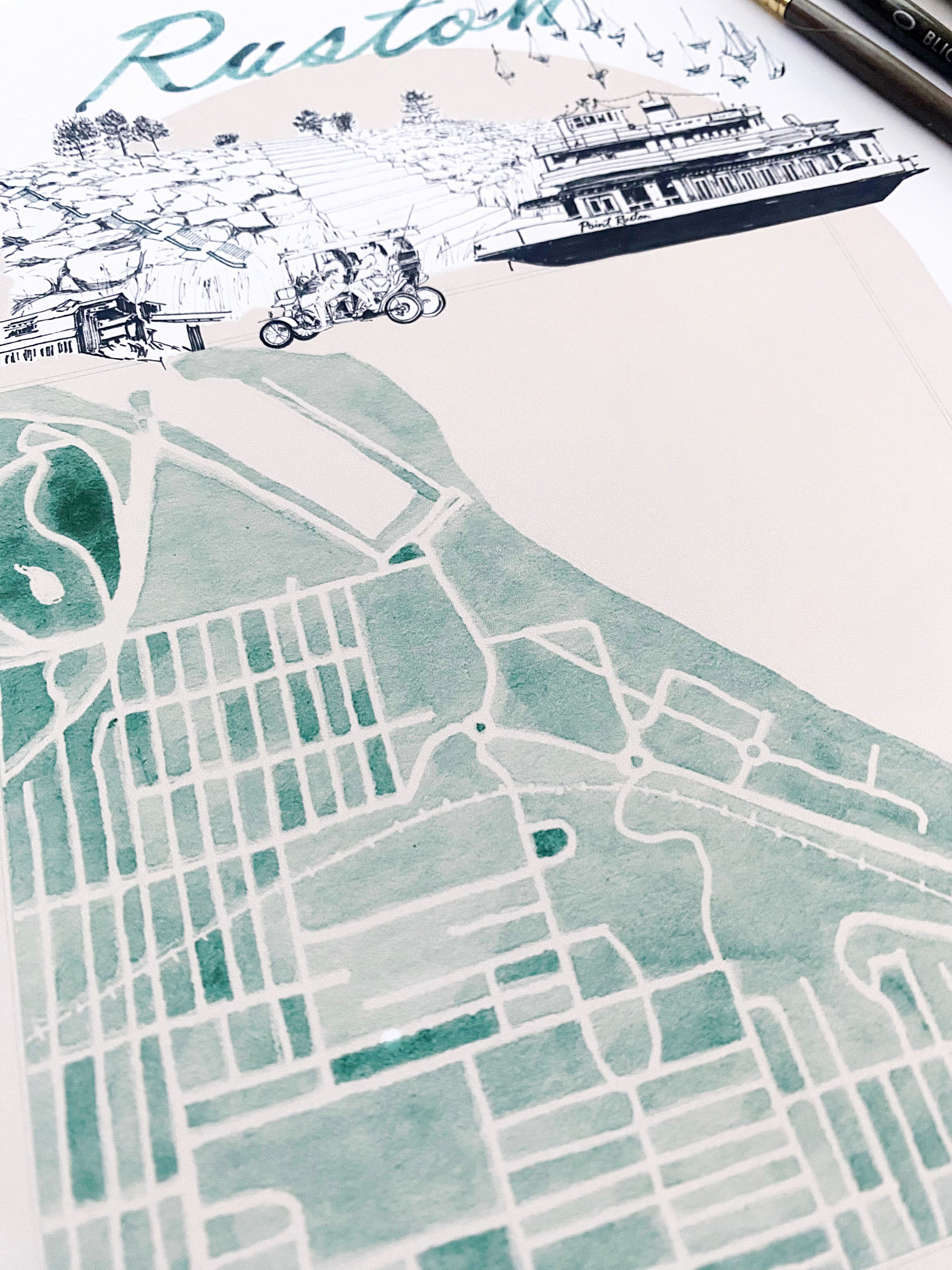new RUSTON TACOMA Neighborhood "Charms" Watercolor Map: PRINT