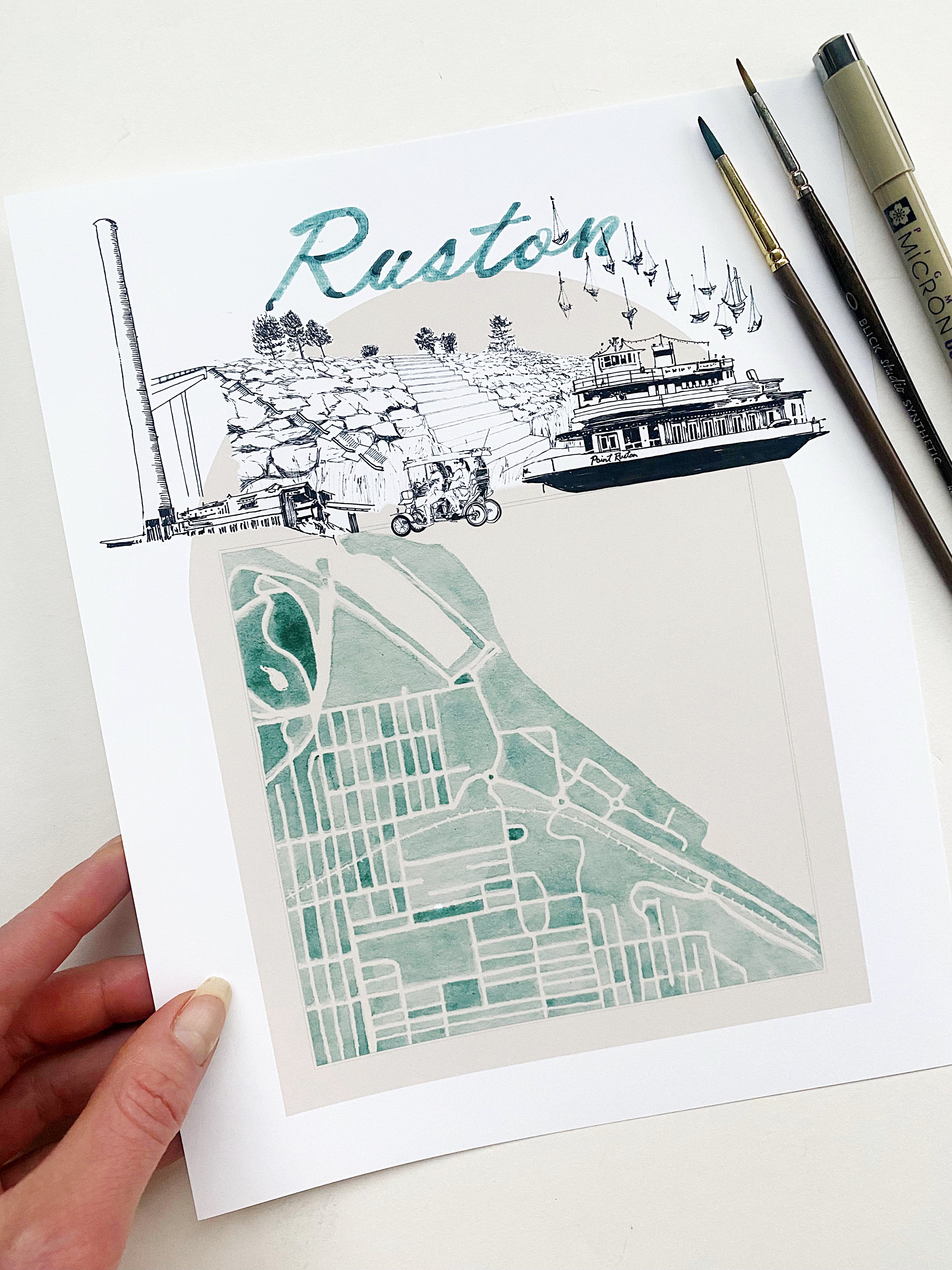 new RUSTON TACOMA Neighborhood "Charms" Watercolor Map: PRINT