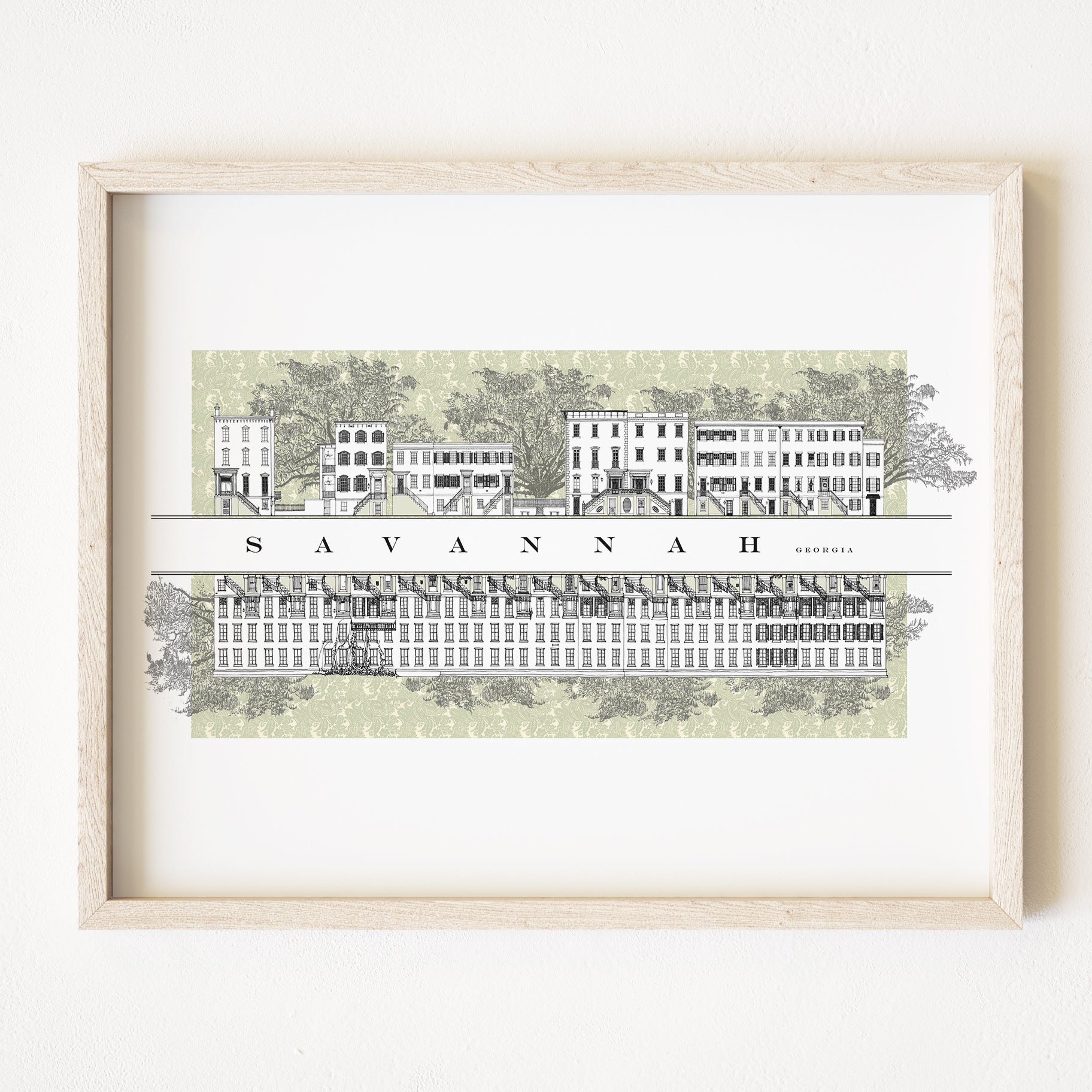 Savannah GA Architecture Rowhomes Streetscape Drawing: ART PRINT