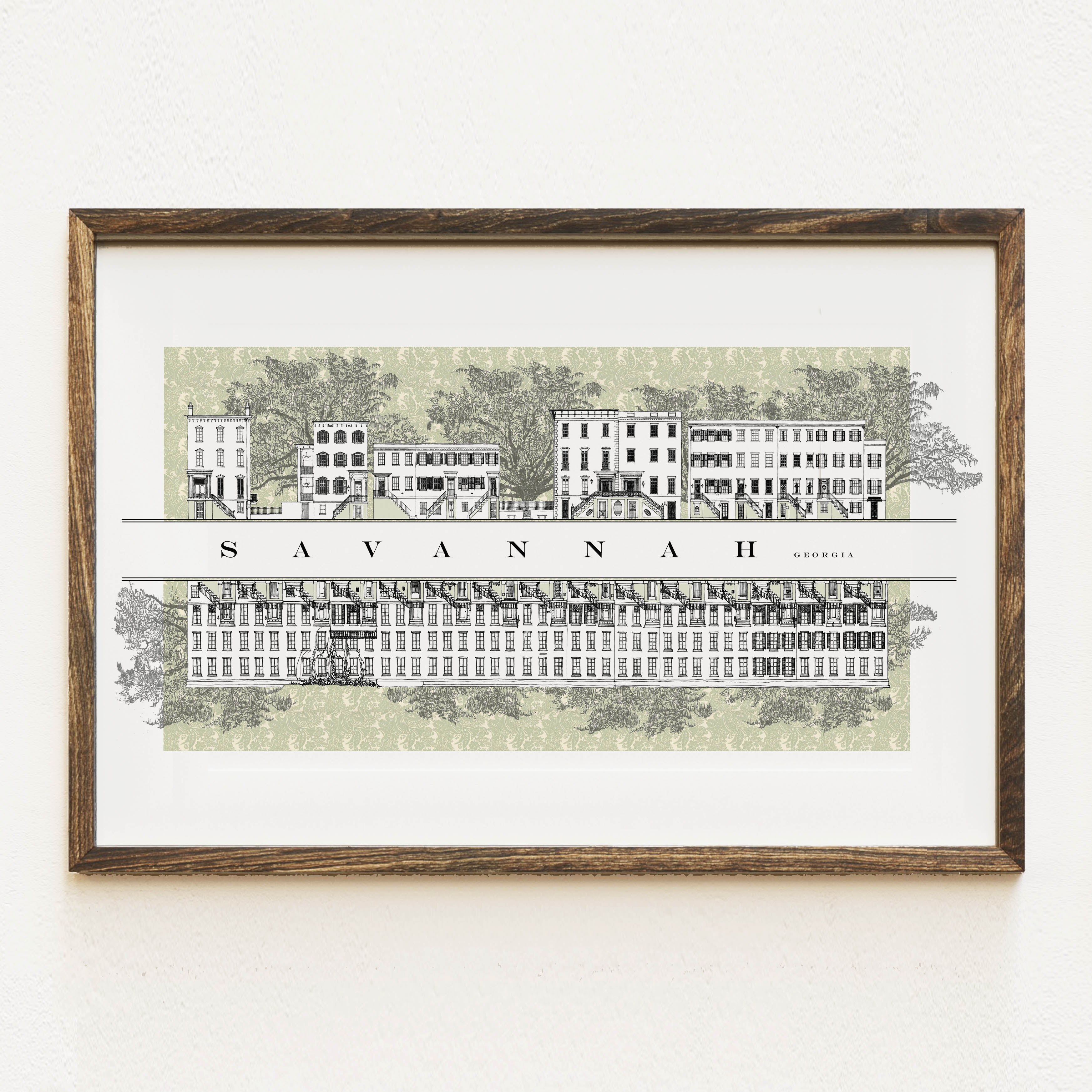 Savannah GA Architecture Rowhomes Streetscape Drawing: ART PRINT