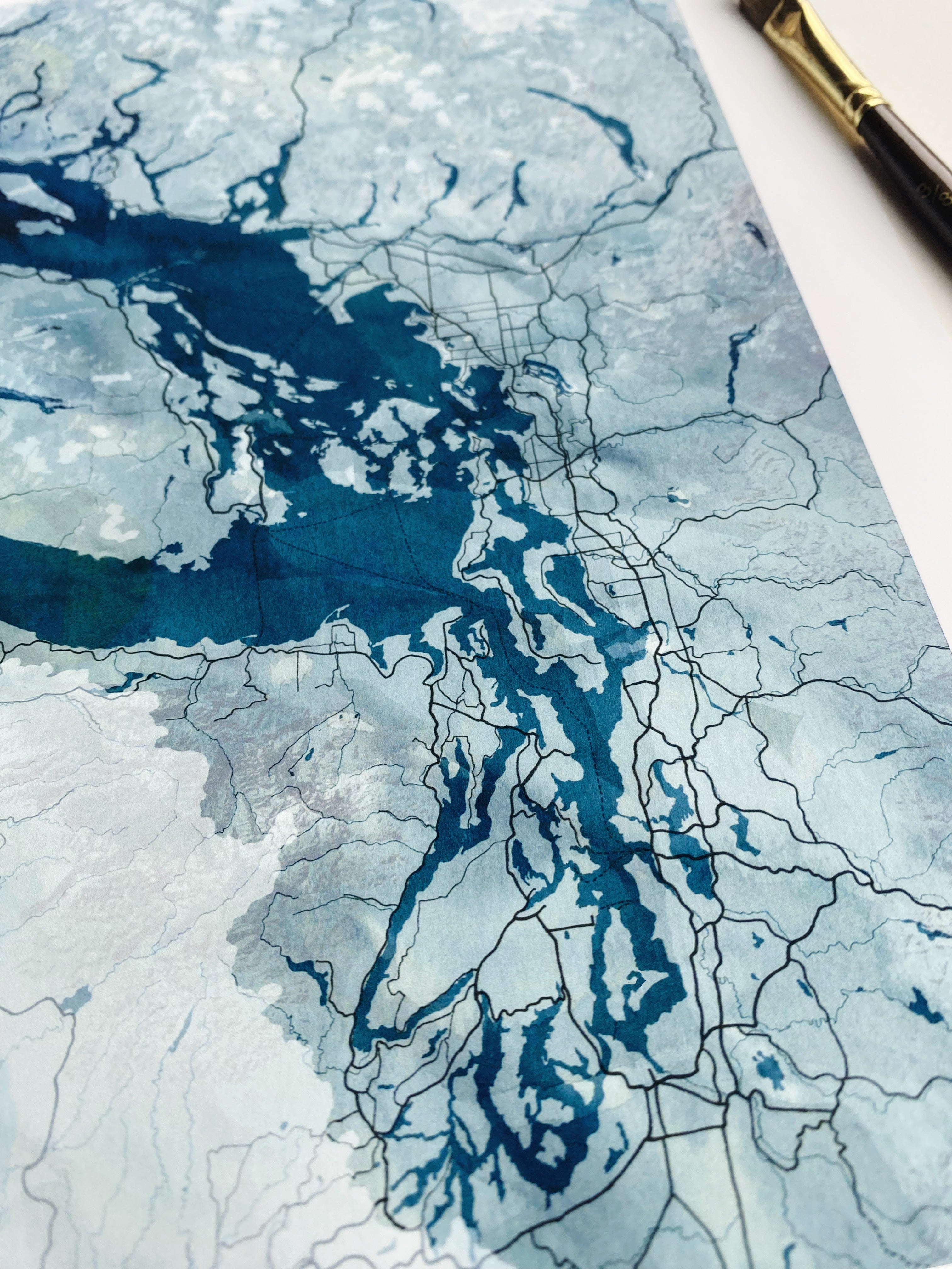 SALISH SEA Puget Sound Washington Strait of Georgia British Columbia Watercolor Map (No Text): PRINT