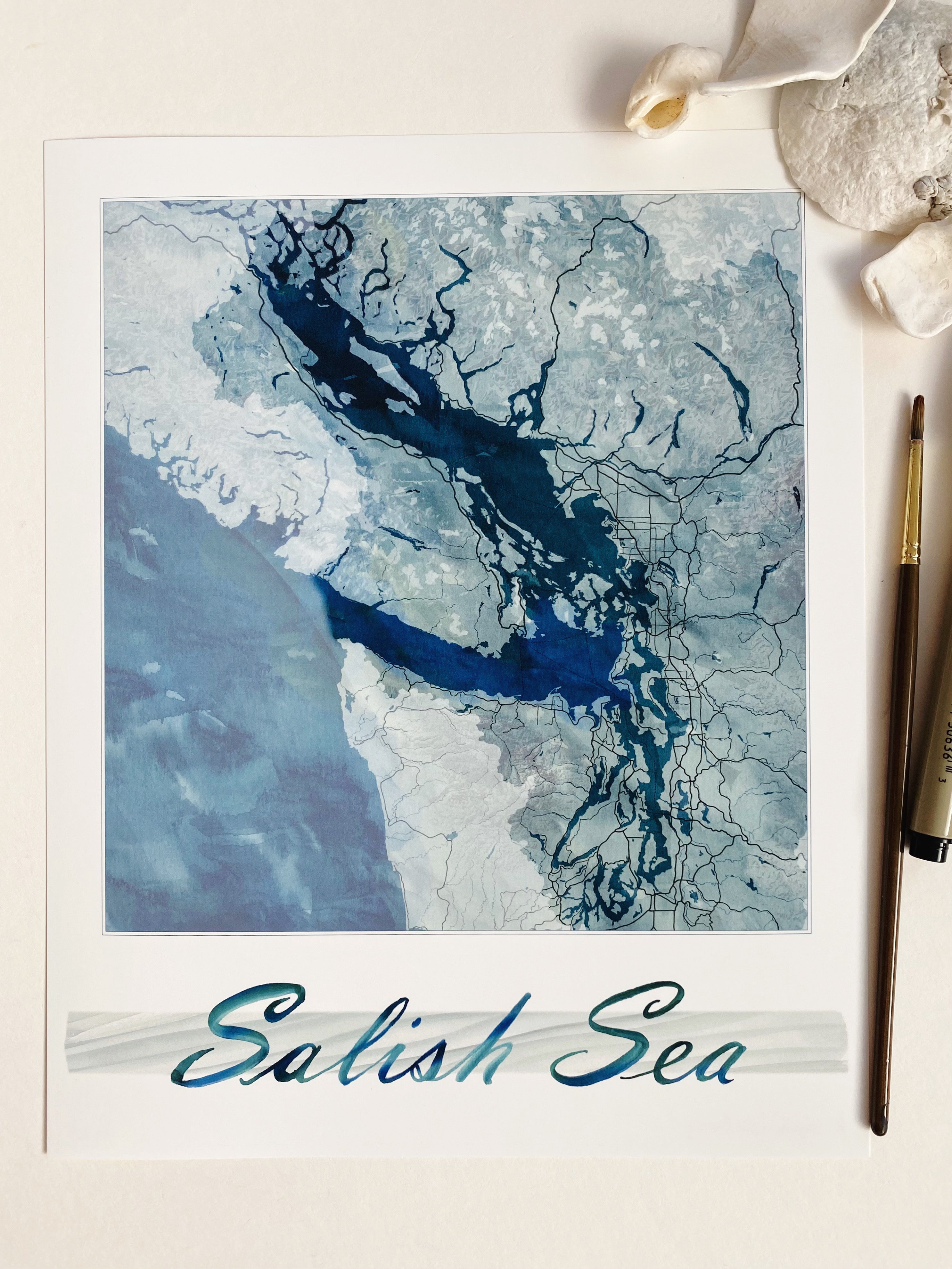 SALISH SEA Puget Sound Washington Strait of Georgia British Columbia Watercolor Map (No Text): PRINT