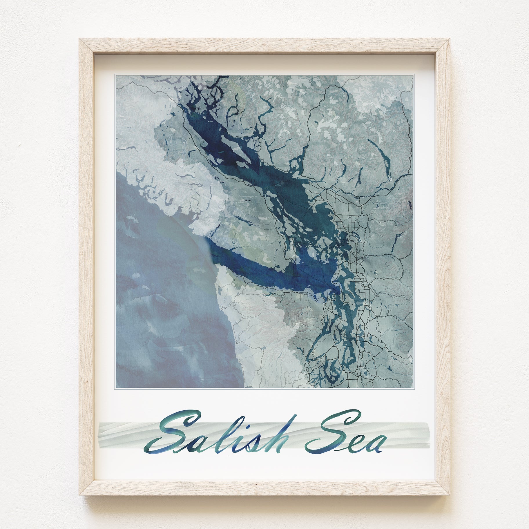 SALISH SEA Puget Sound Washington Strait of Georgia British Columbia Watercolor Map (No Text): PRINT