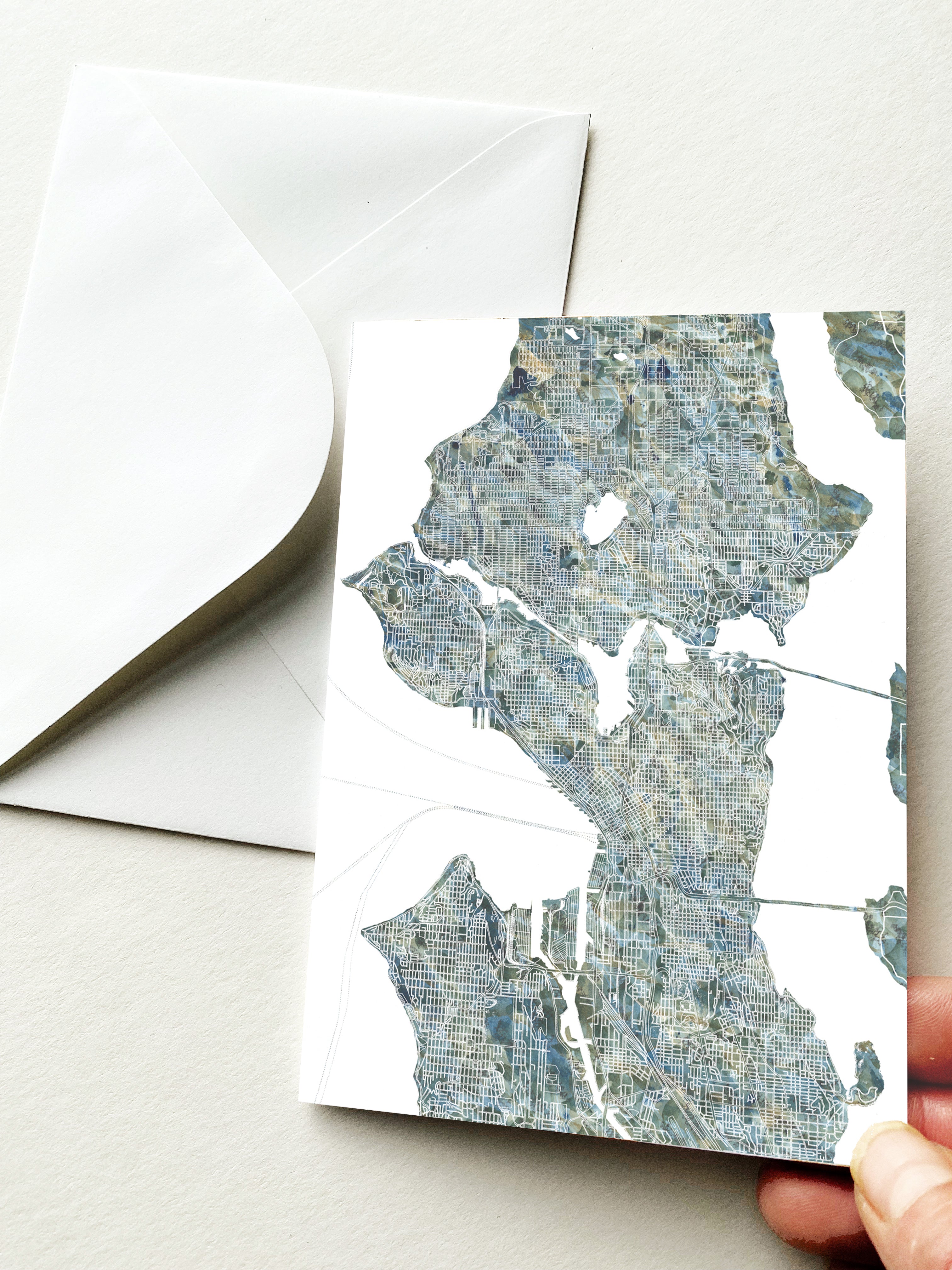 SEATTLE Painted Map Watercolor Map - BLANK greeting card (River)