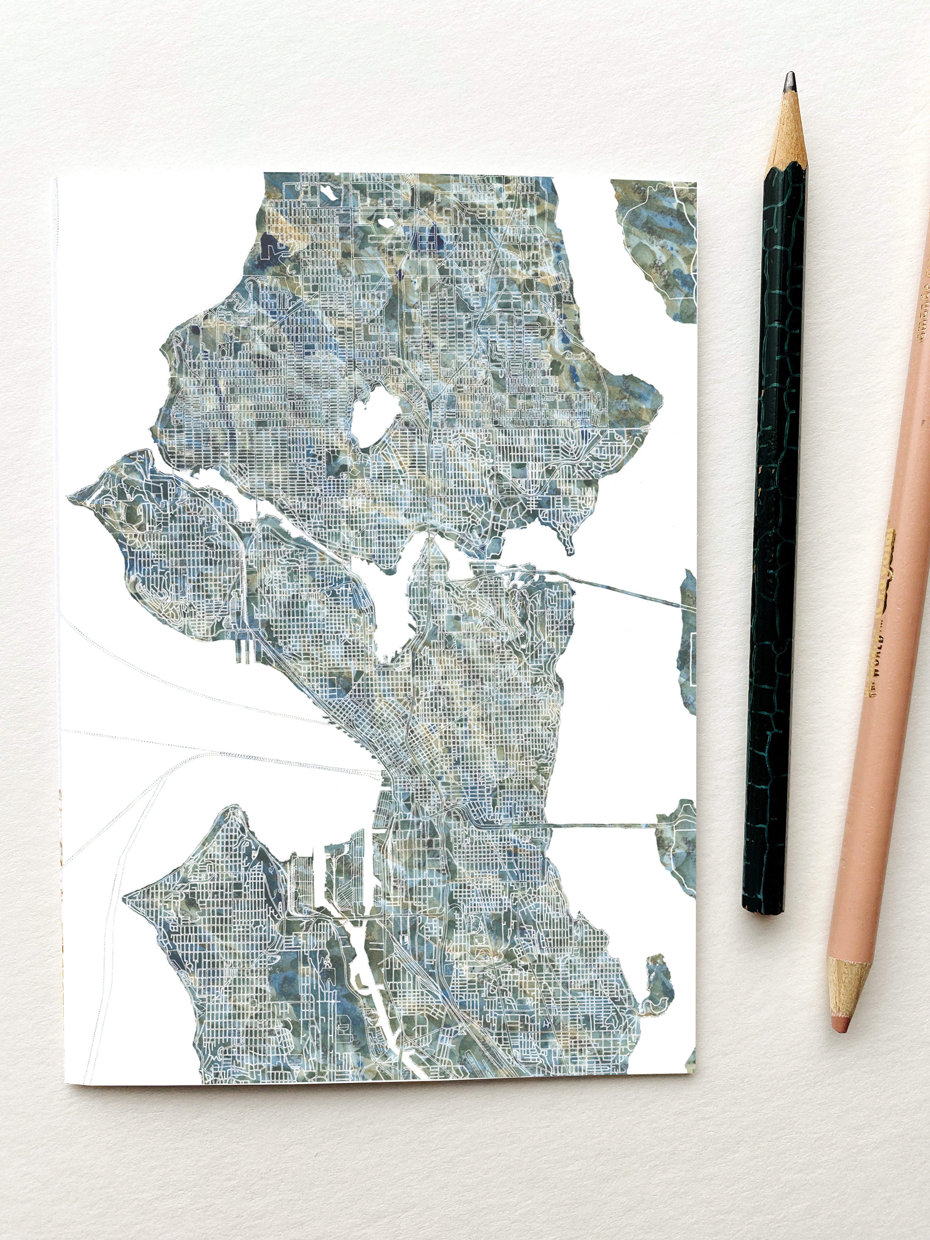 SEATTLE Painted Map Watercolor Map - BLANK greeting card (River)