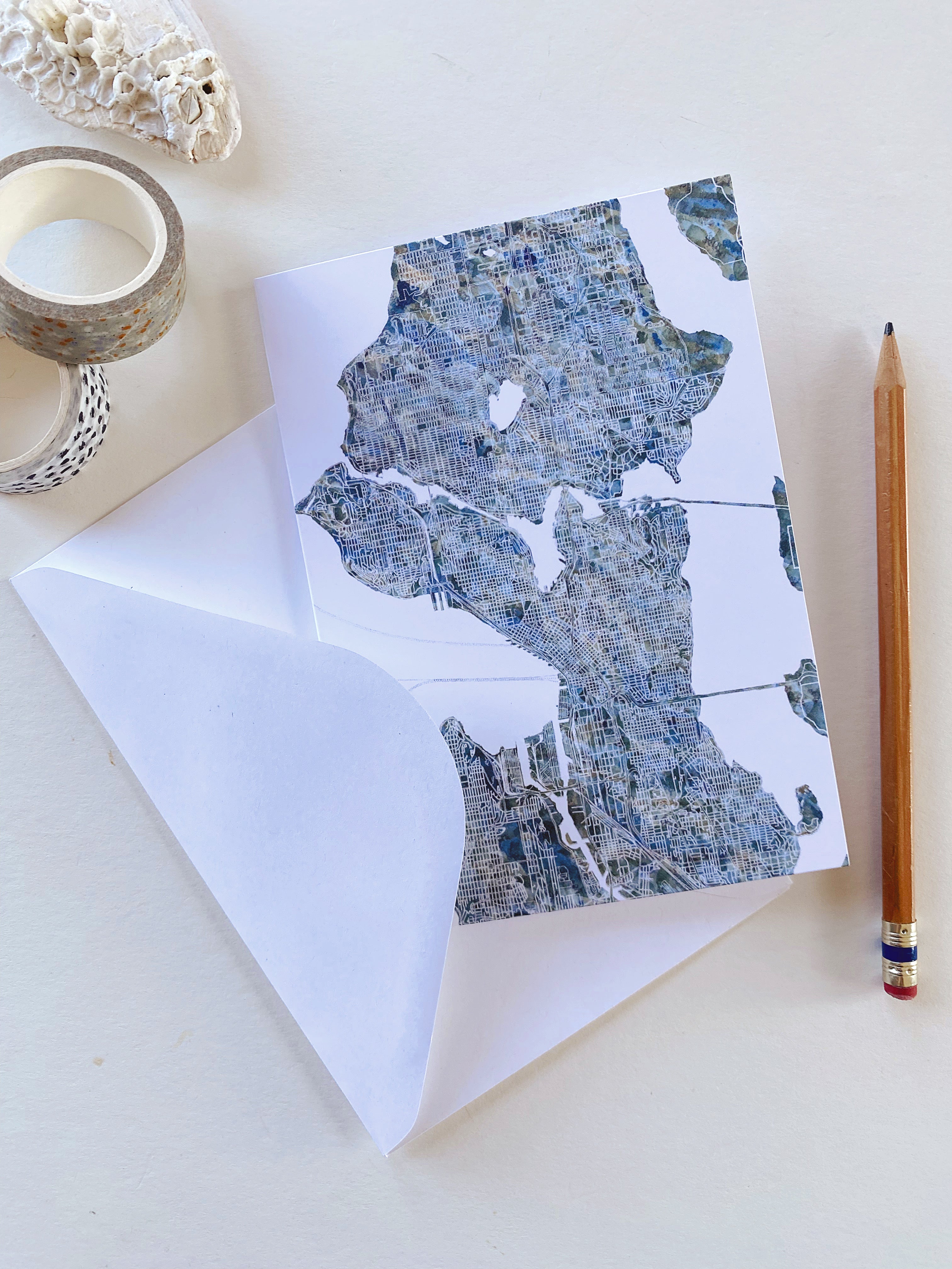 SEATTLE Painted Map Watercolor Map - BLANK greeting card (River)