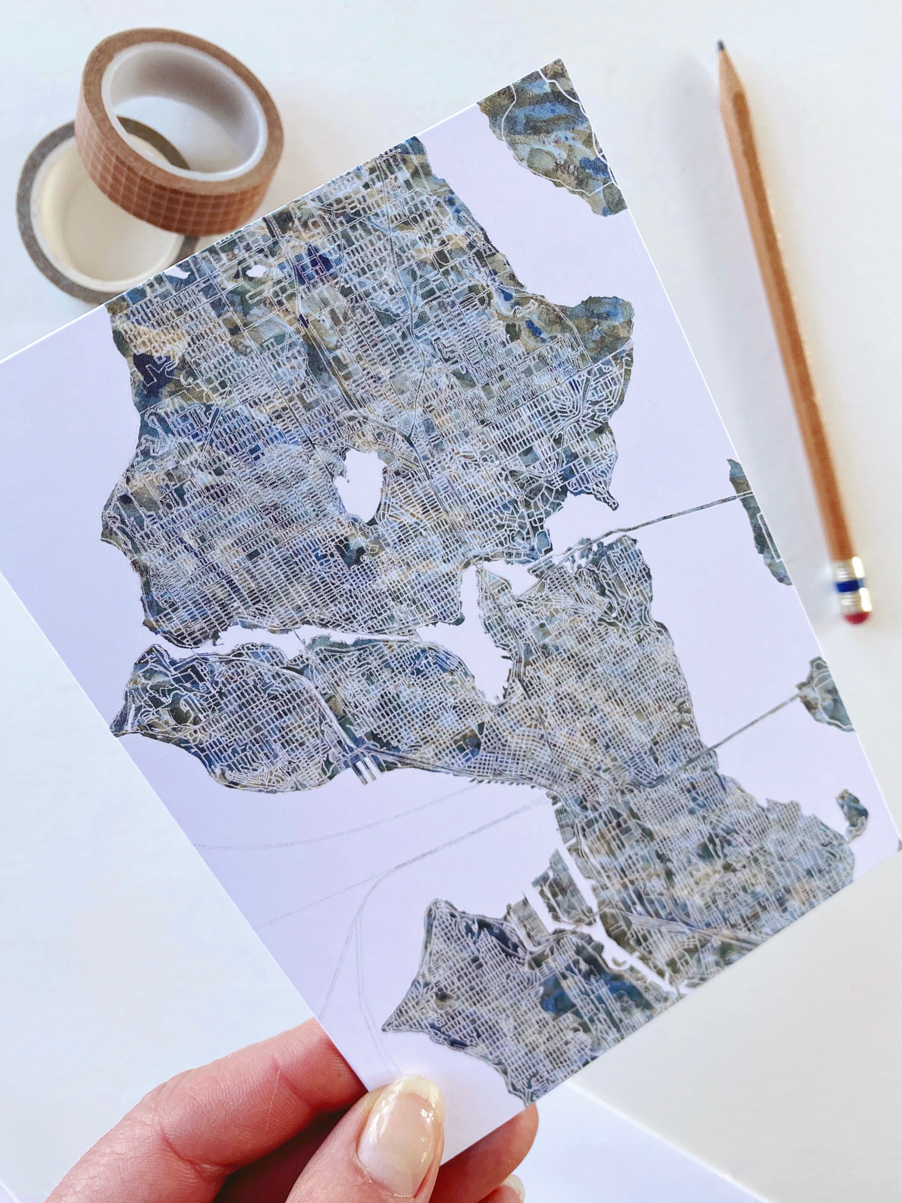 SEATTLE Painted Map Watercolor Map - BLANK greeting card (River)