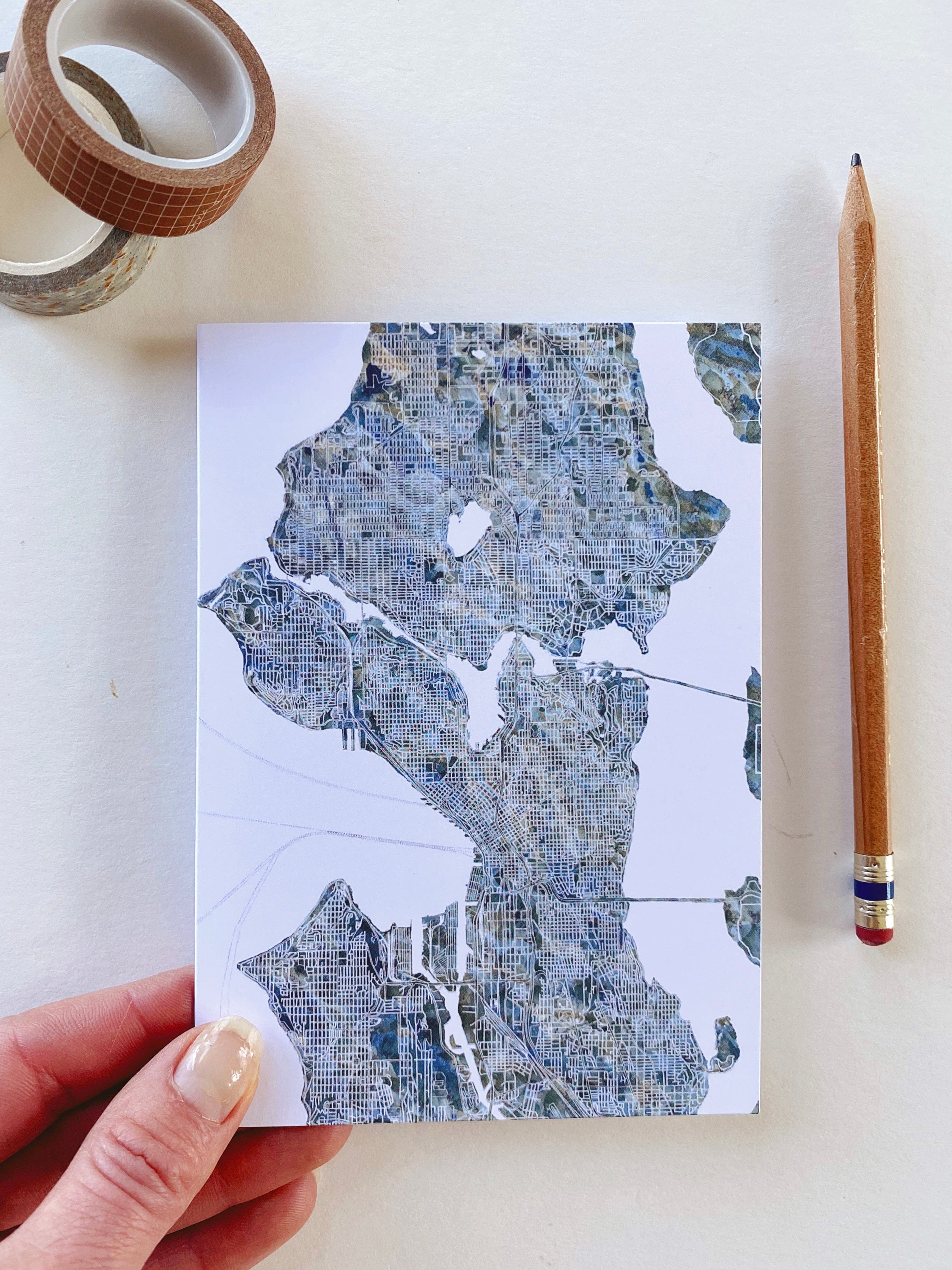 SEATTLE Painted Map Watercolor Map - BLANK greeting card (River)