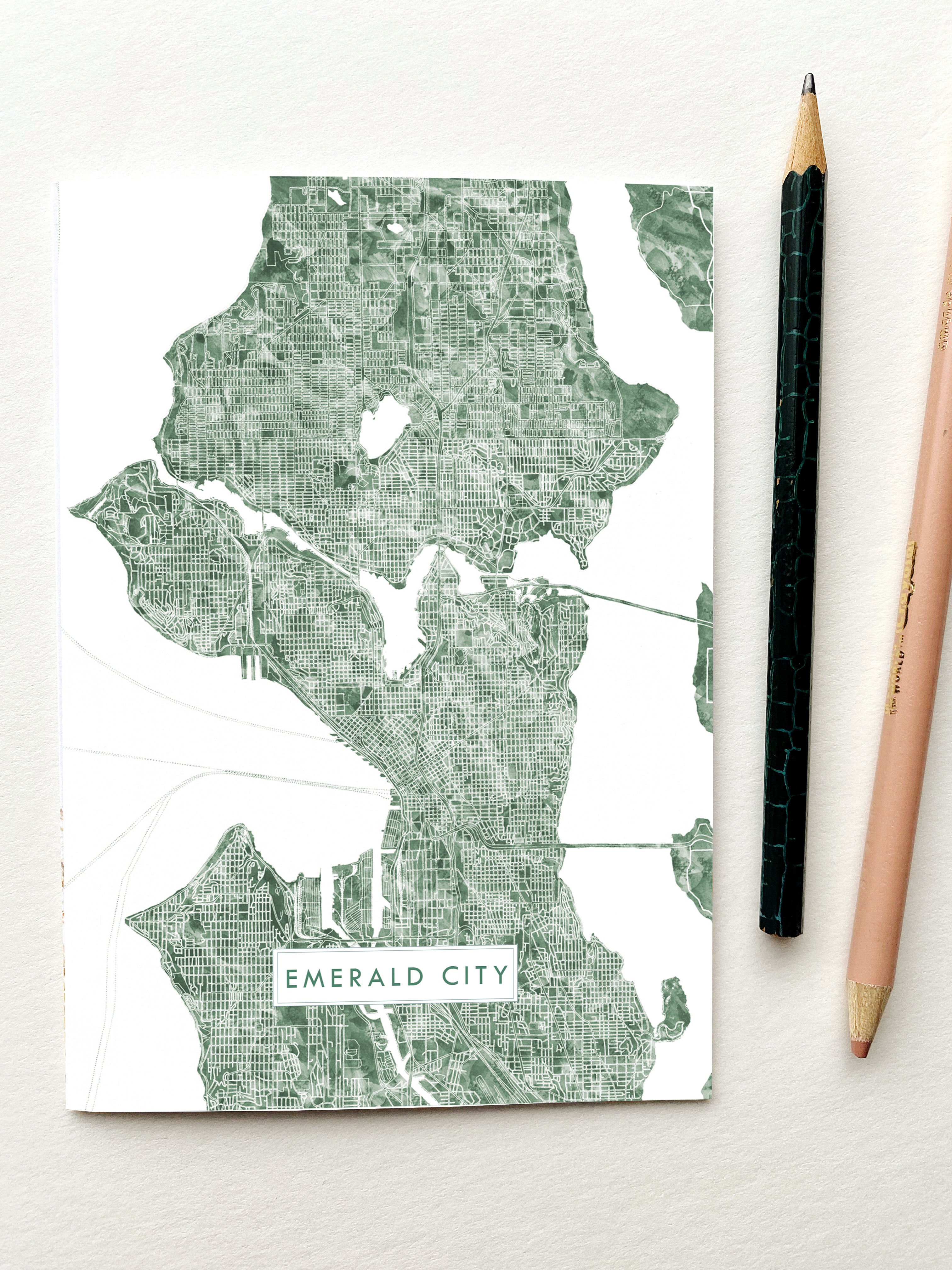 "Emerald City" SEATTLE Washington Watercolor Map - city nickname greeting card