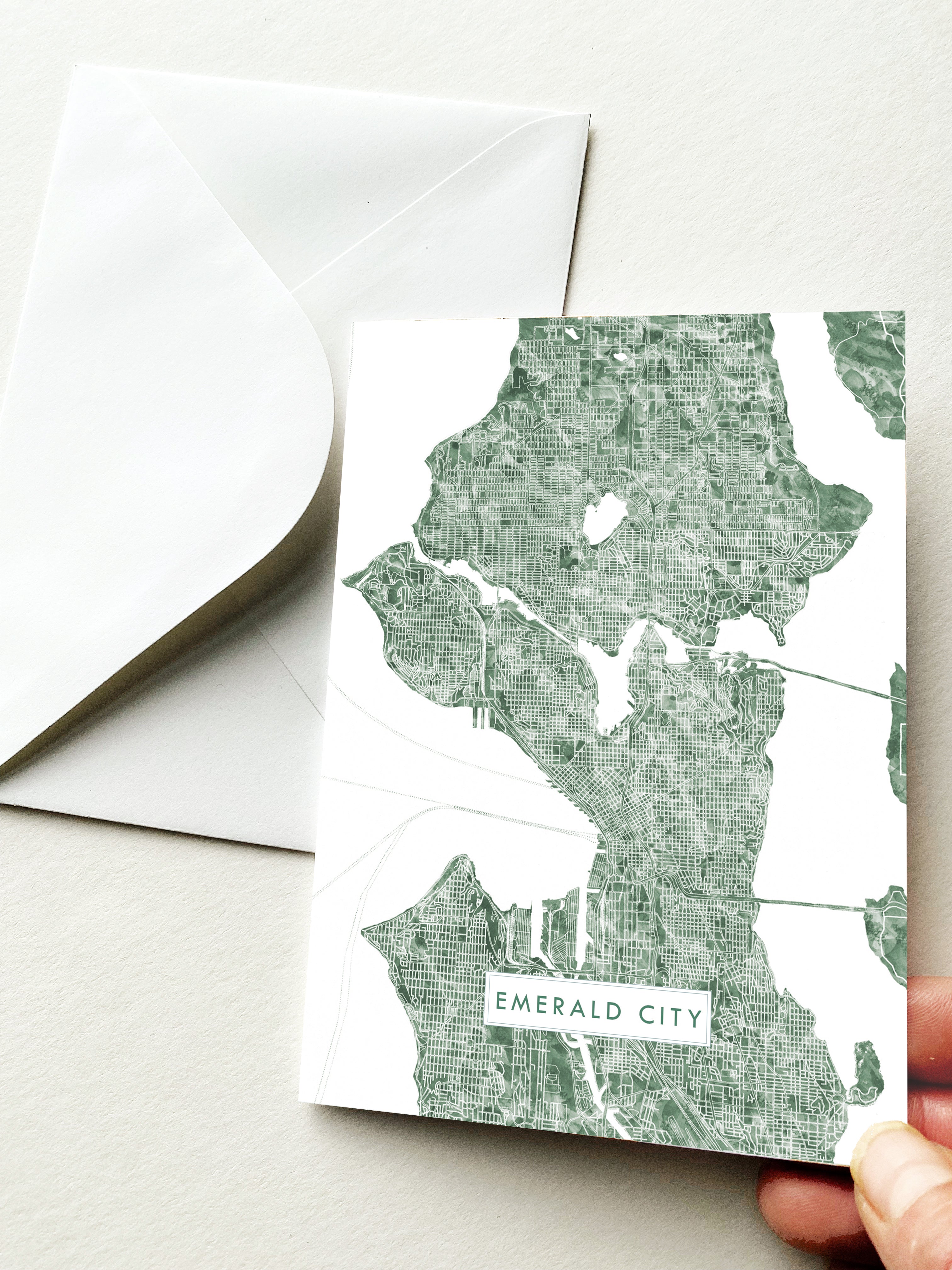 "Emerald City" SEATTLE Washington Watercolor Map - city nickname greeting card