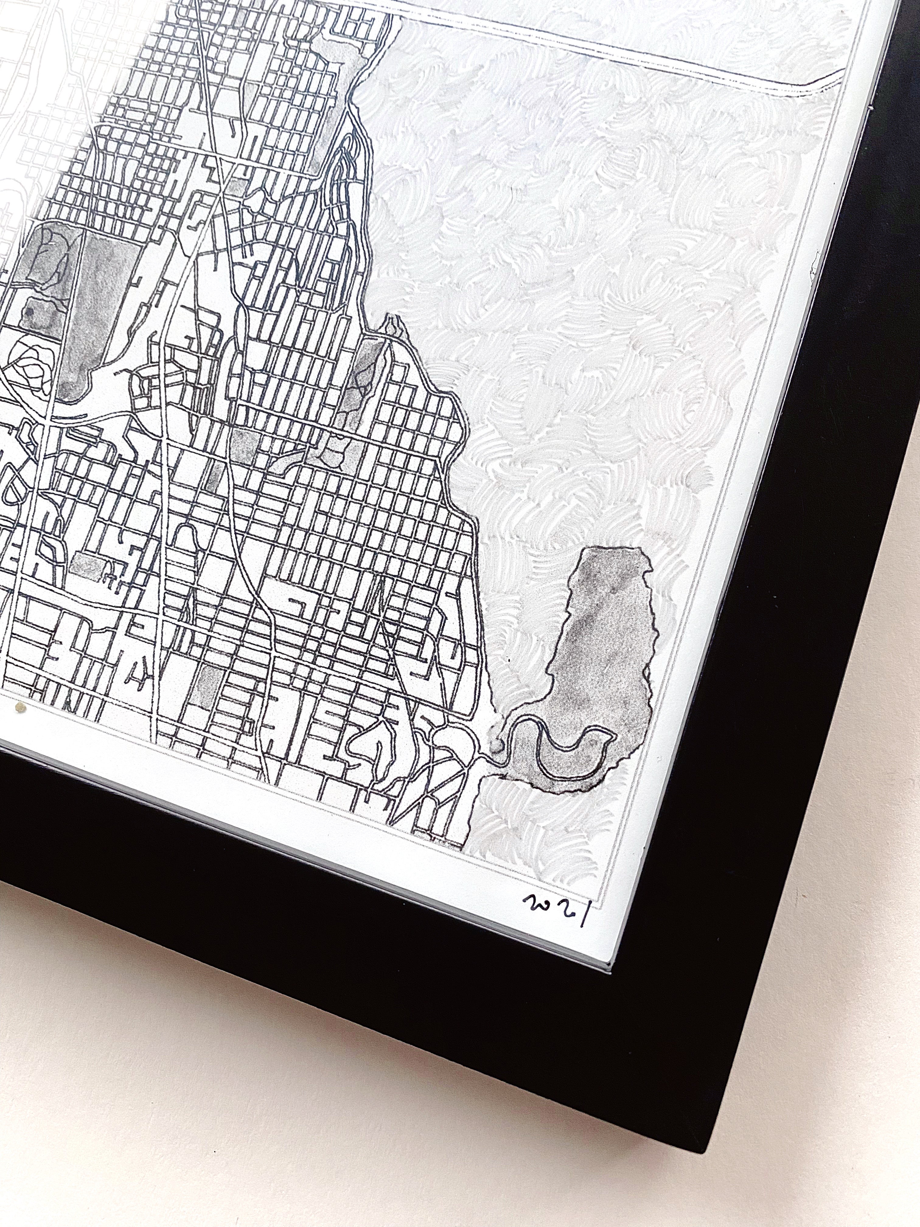 SEATTLE City Lines Map Print + Graphite Water Map-Drawing: PRINT + DRAWING