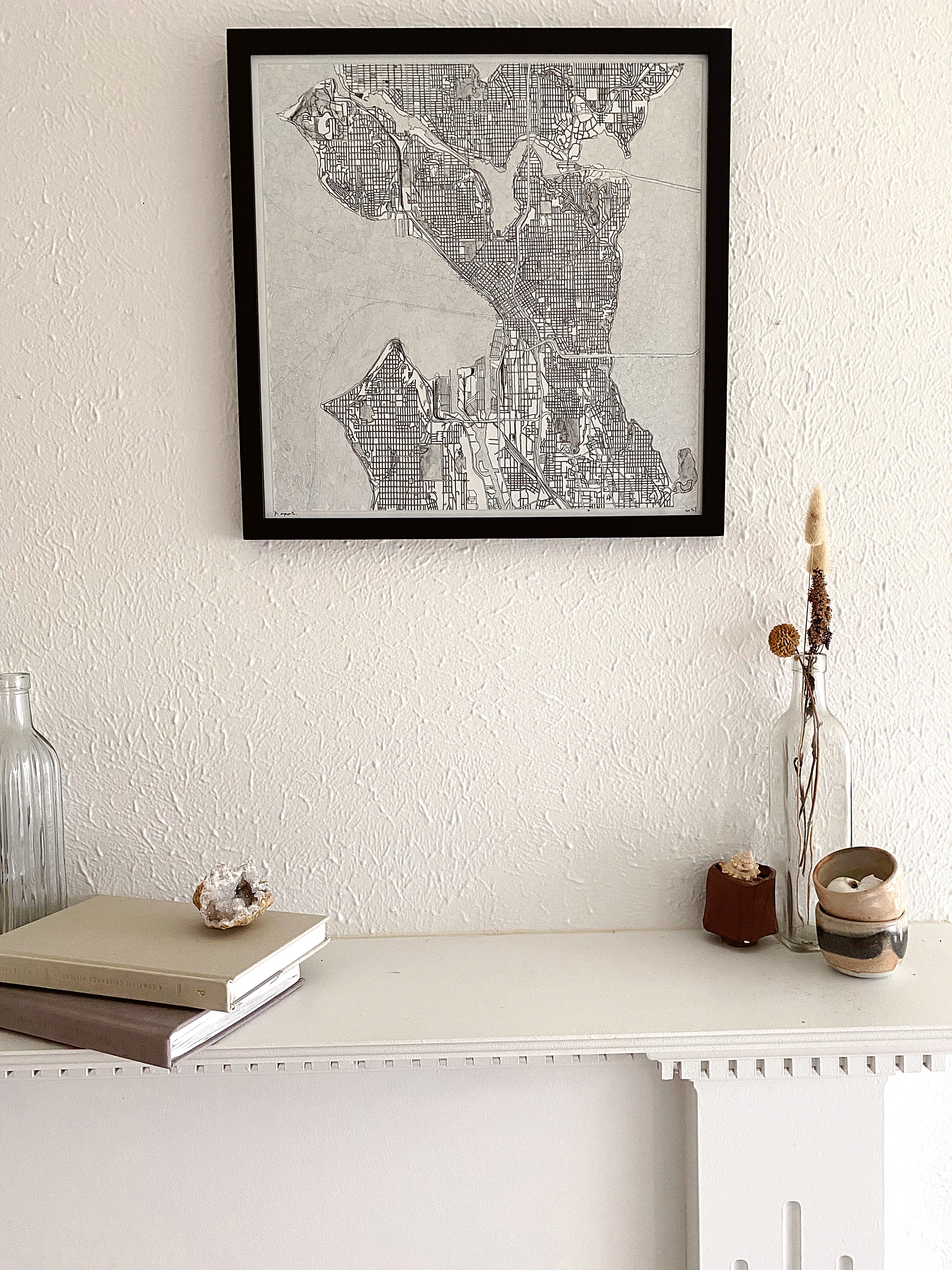 SEATTLE City Lines Map Print + Graphite Water Map-Drawing: PRINT + DRAWING