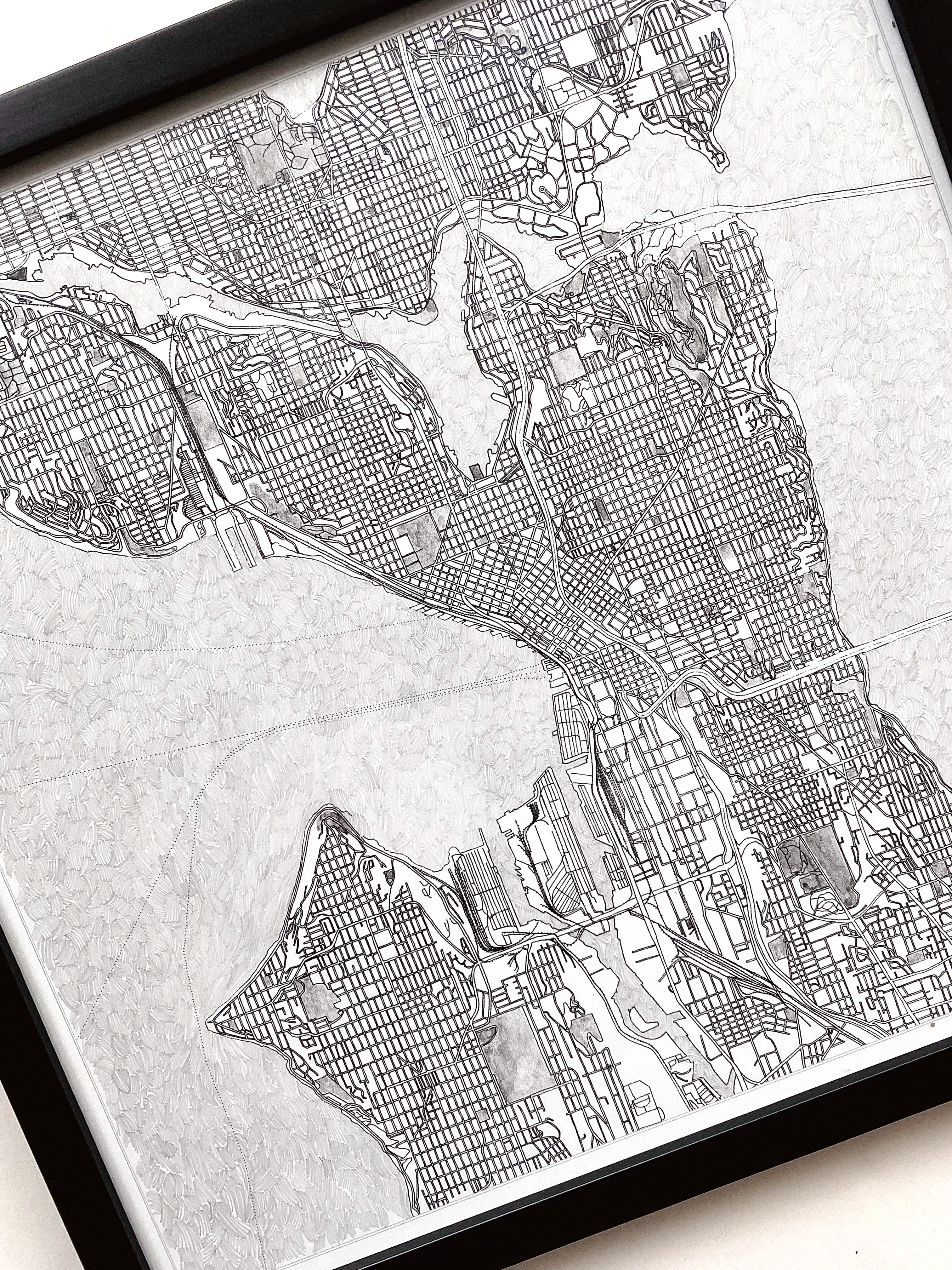 SEATTLE City Lines Map Print + Graphite Water Map-Drawing: PRINT + DRAWING