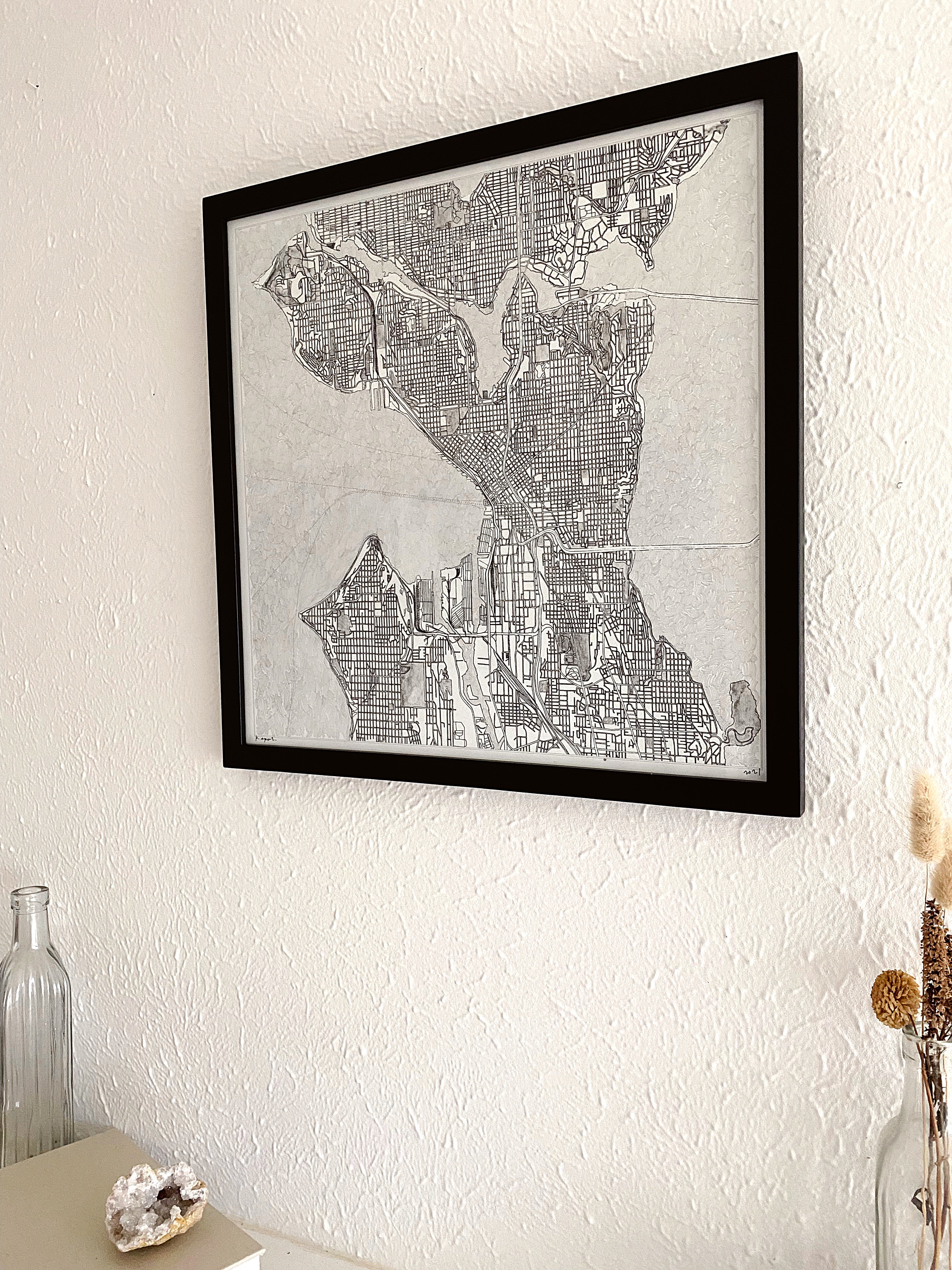 SEATTLE City Lines Map Print + Graphite Water Map-Drawing: PRINT + DRAWING