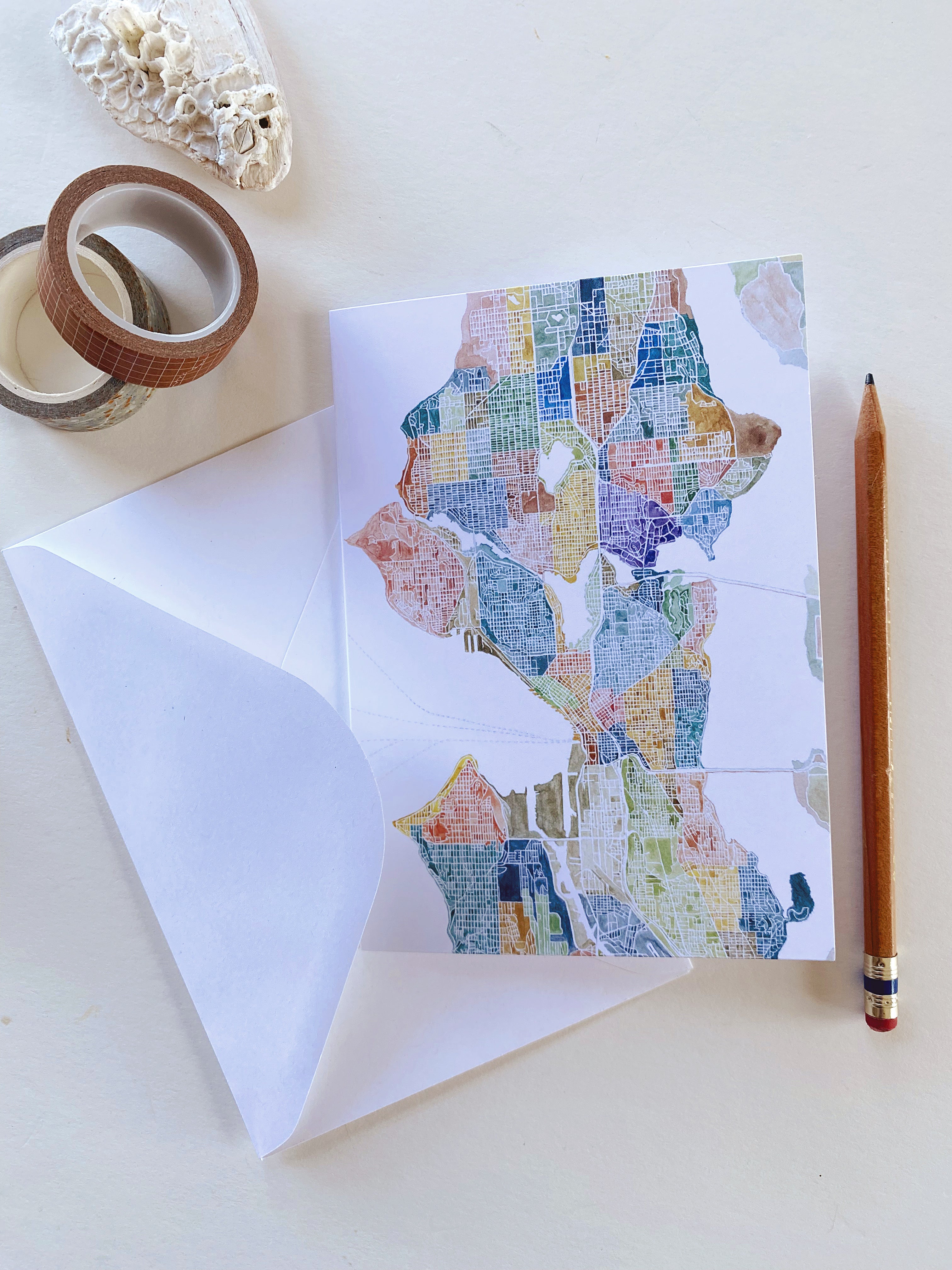 SEATTLE Neighborhoods Watercolor Map - BLANK greeting card