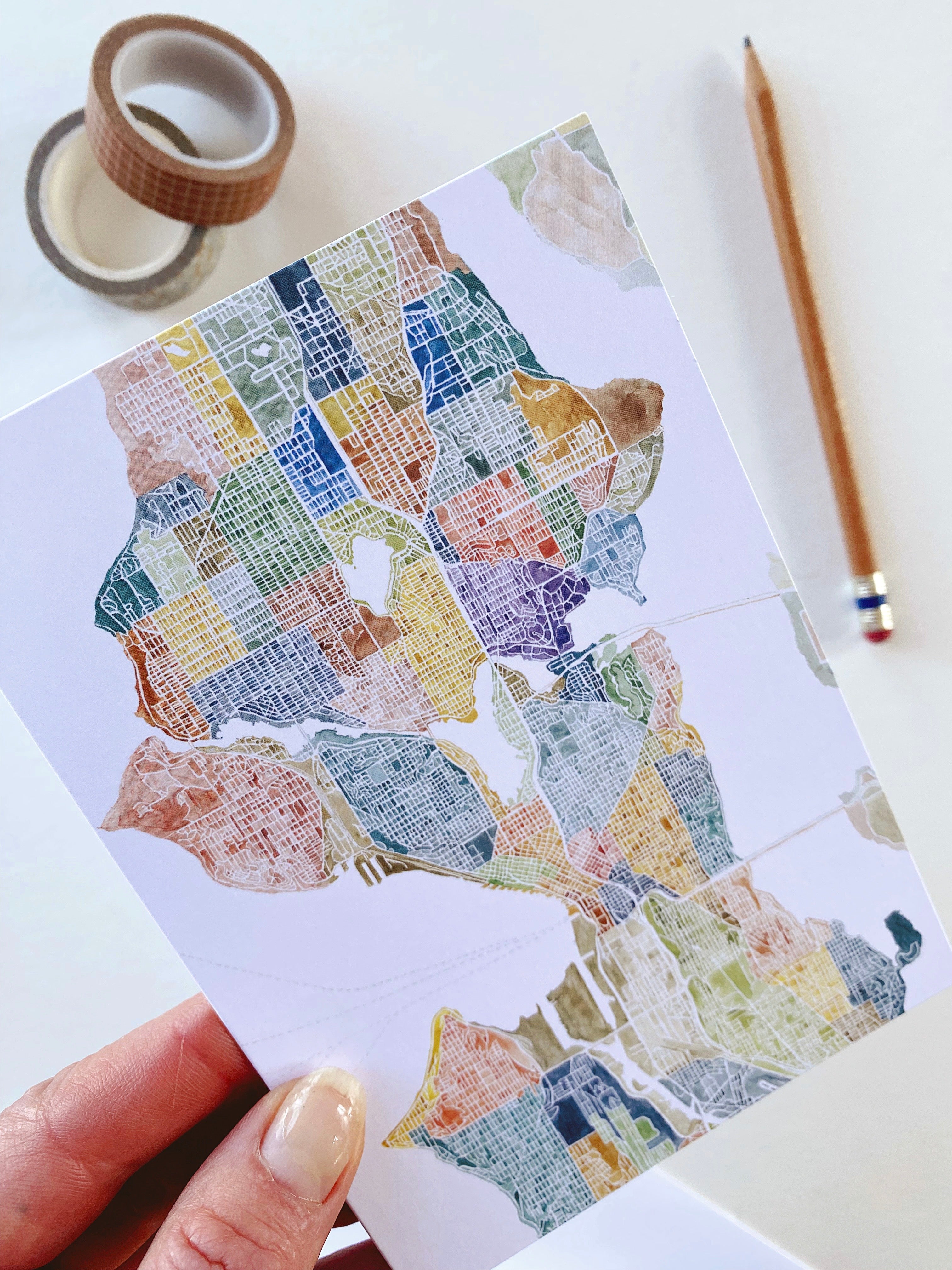 SEATTLE Neighborhoods Watercolor Map - BLANK greeting card