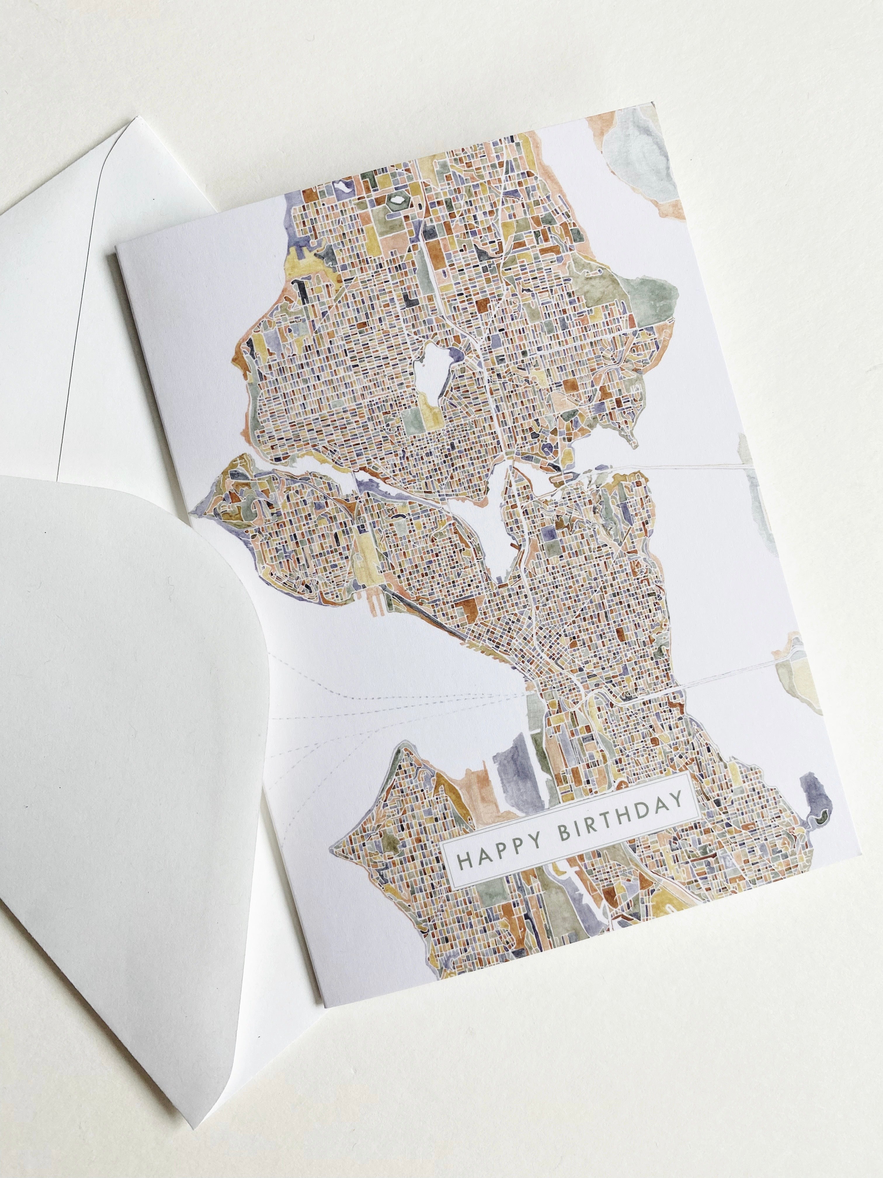ColorFULL SEATTLE Washington Watercolor Map - birthday card