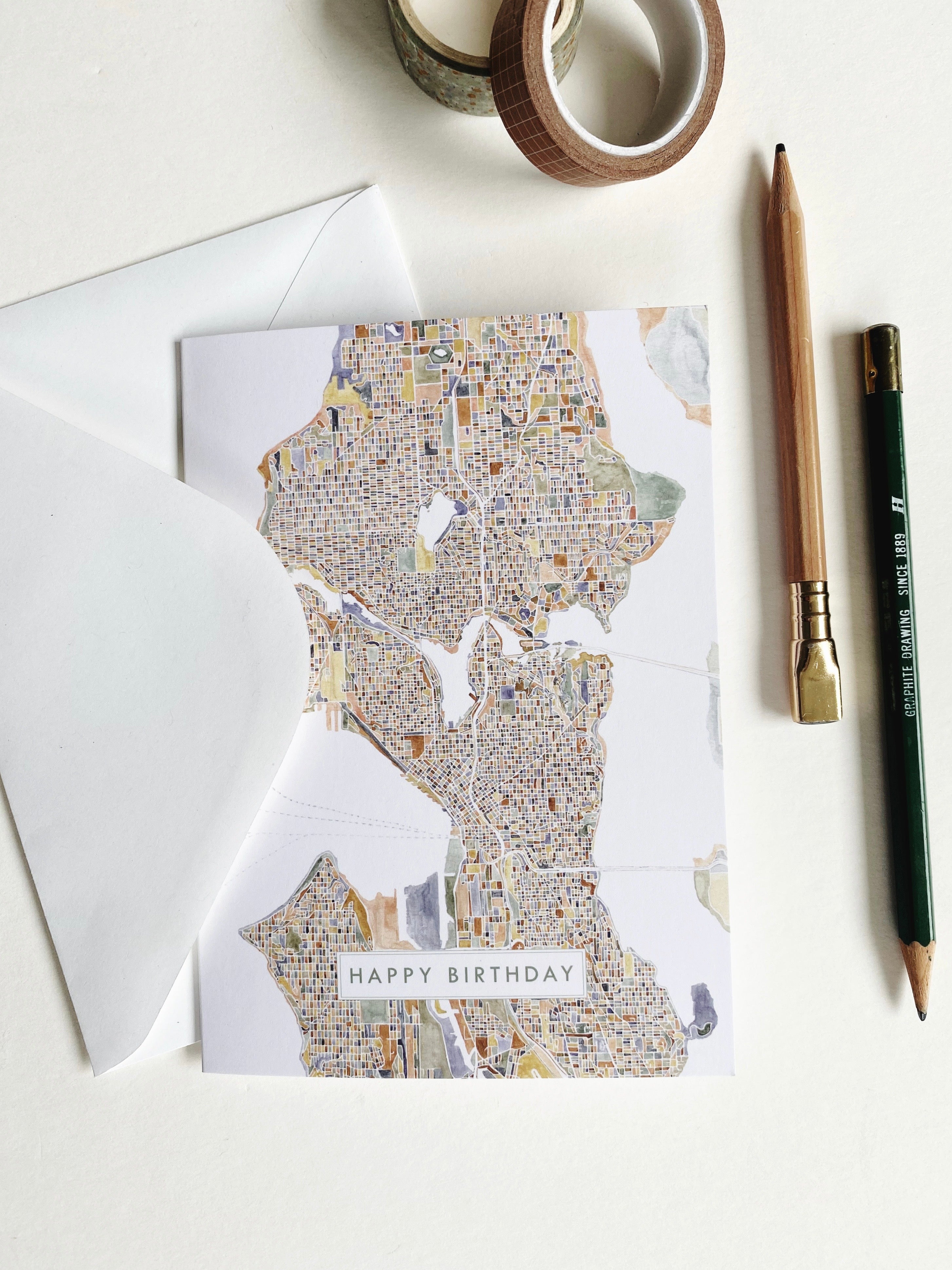 ColorFULL SEATTLE Washington Watercolor Map - birthday card