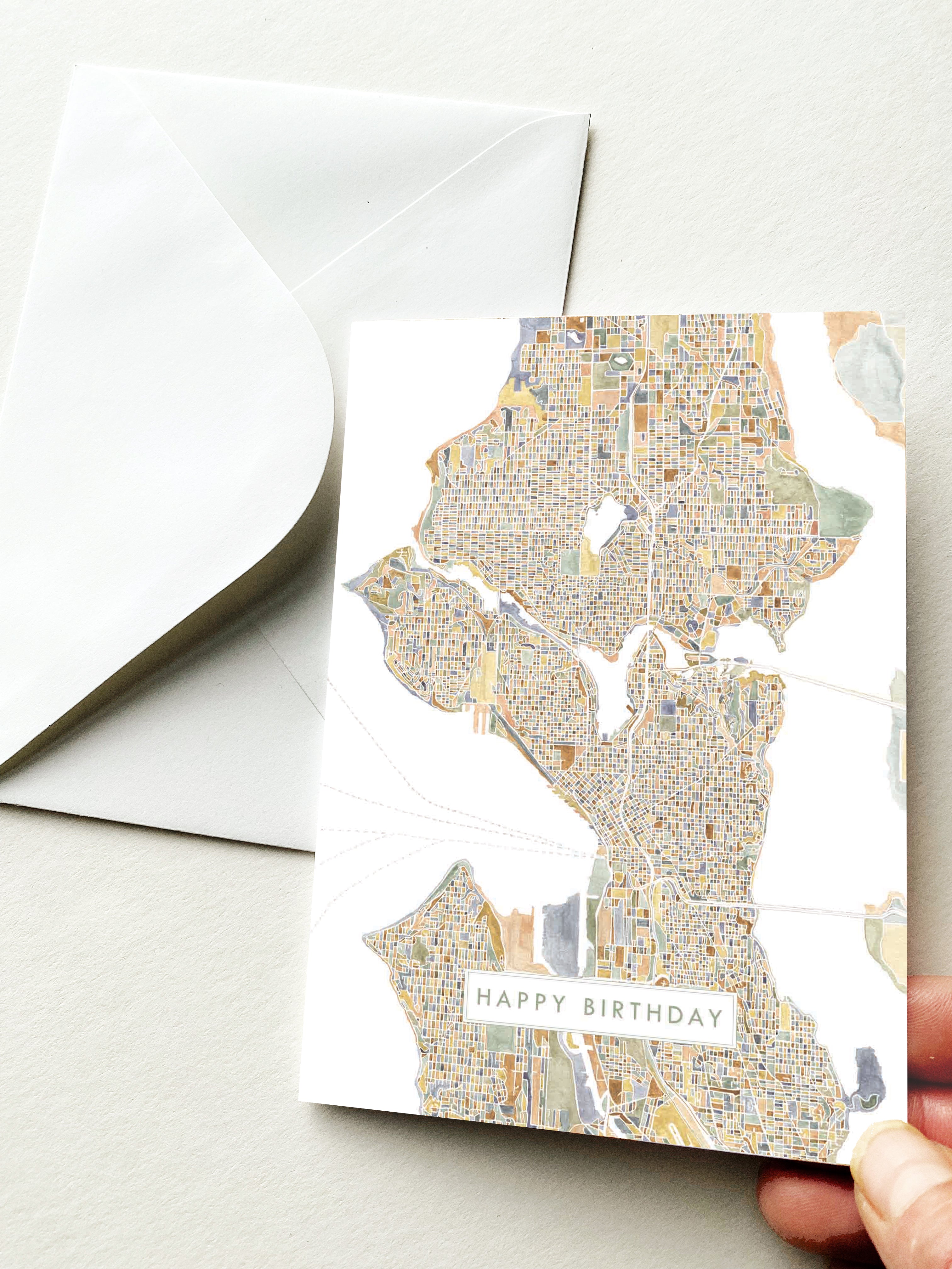 ColorFULL SEATTLE Washington Watercolor Map - BIRTHDAY greeting card