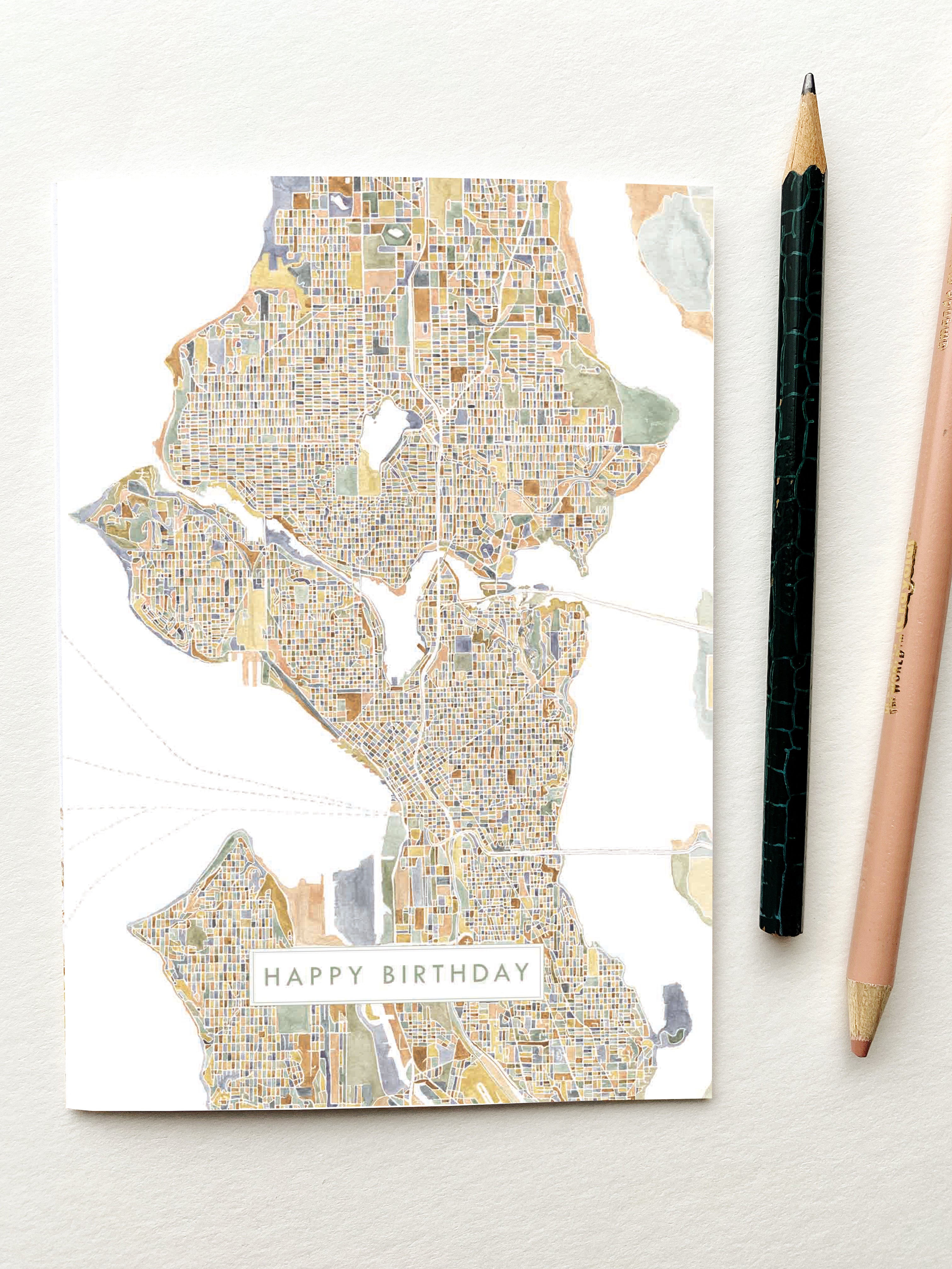ColorFULL SEATTLE Washington Watercolor Map - BIRTHDAY greeting card
